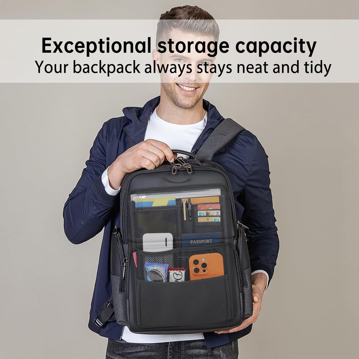 Slim Rugged Backpack Organizer Insert for Business Casual Men Women -13 Pockets,Padded Nylon,Max 14'' laptop-Black