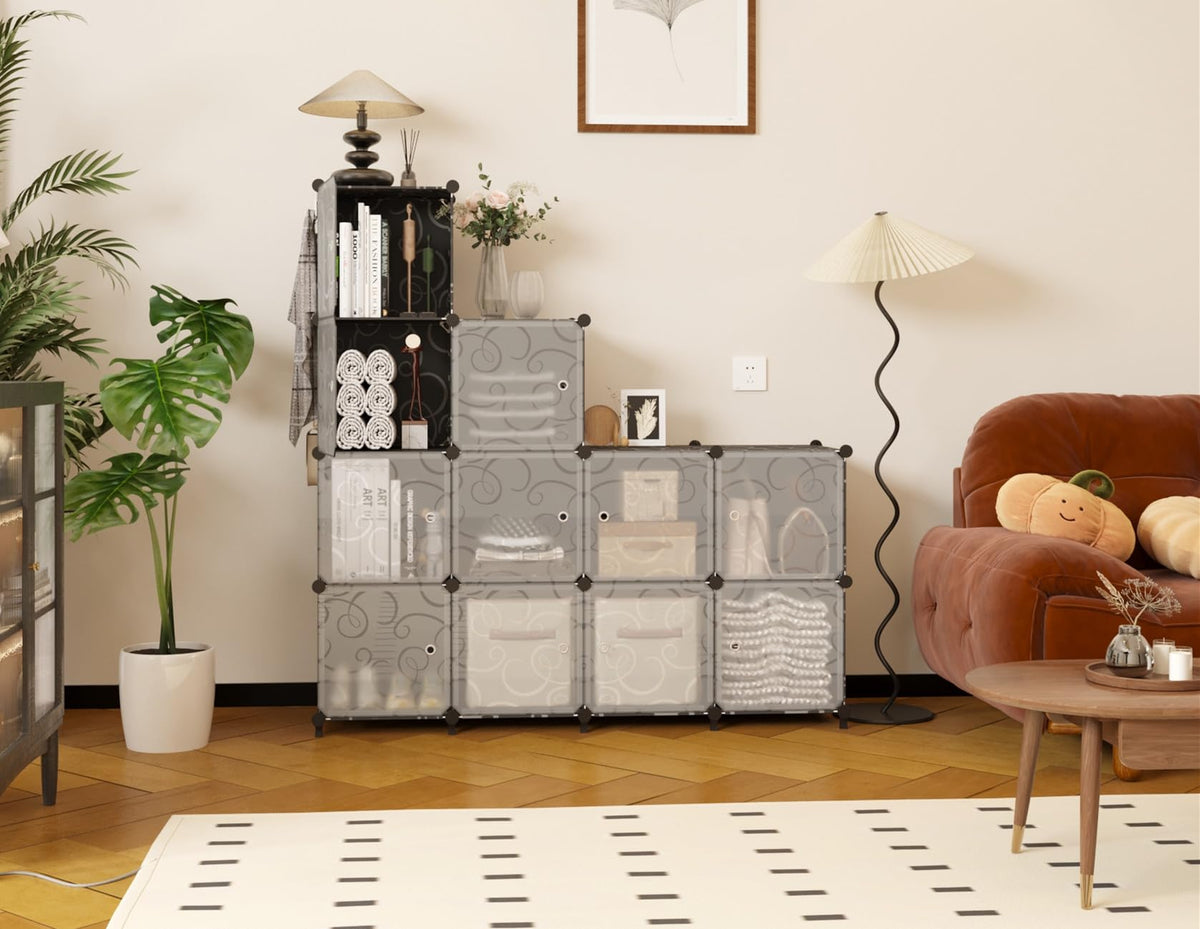 AWTATOS 12 Cube Storage Organizer with Doors, DIY Plastic Closet Shelf, Modular Bookshelf, Stackable Shelving Rack for Bedroom, Living Room, Black