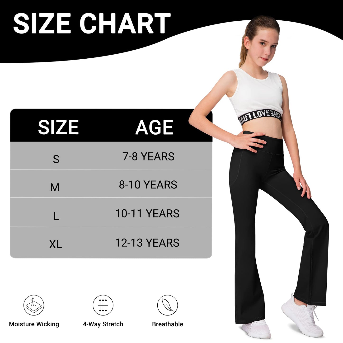 AENLLEY Girl Yoga Flare Wide Leg Tummy Control Stretchy Pants for Causal with Pockets 3 Pack, Black/Grey/Navy, X-Large