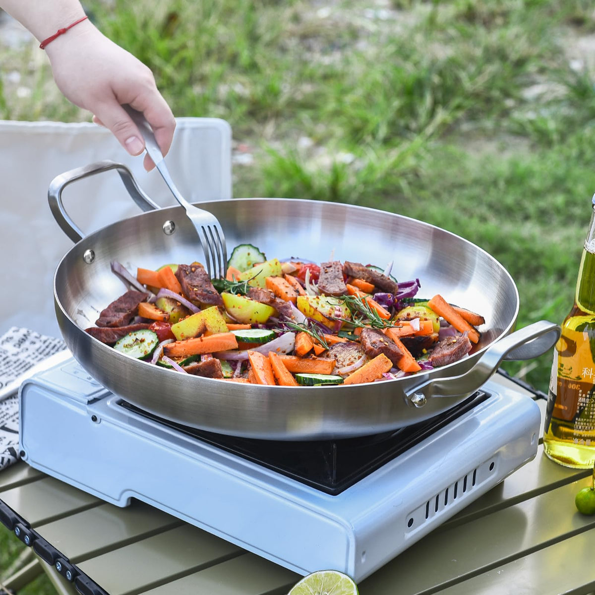 Inqibee 12-Inch Tri-Ply Stainless Steel Paella Pan with Lid, Large Skillet,Saute Pan with Lid,Frying Pan,Induction pan,Dishwasher and Oven Safe.
