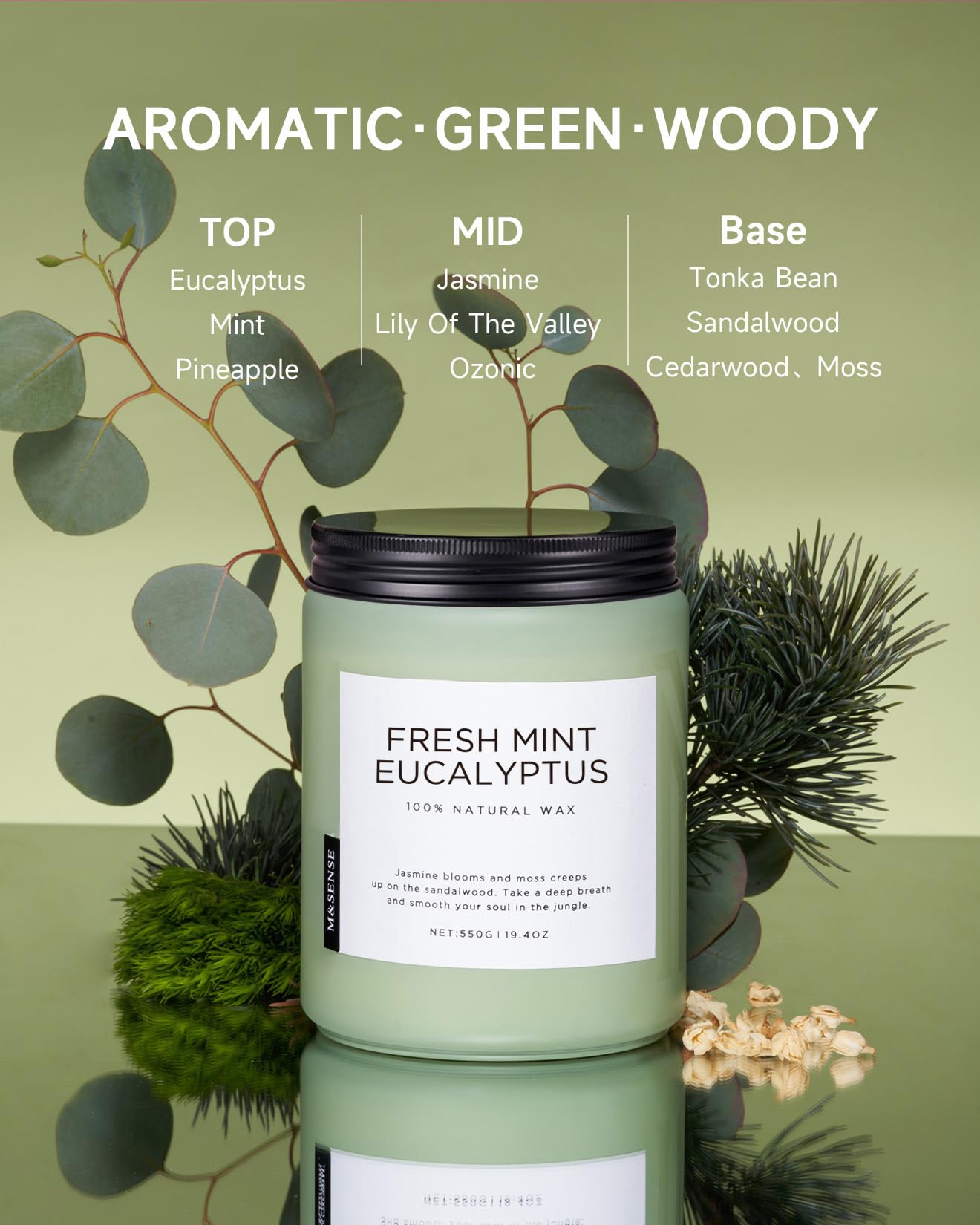 M&SENSE Eucalyptus & Mint Candles for Home Scented, 19.4oz 110 Hours Burn Soy Aromatherapy Candle Gift for Stress Relief, Meditation, Yoga, Relaxing SPA, Natural Jar Candles for Men and Women
