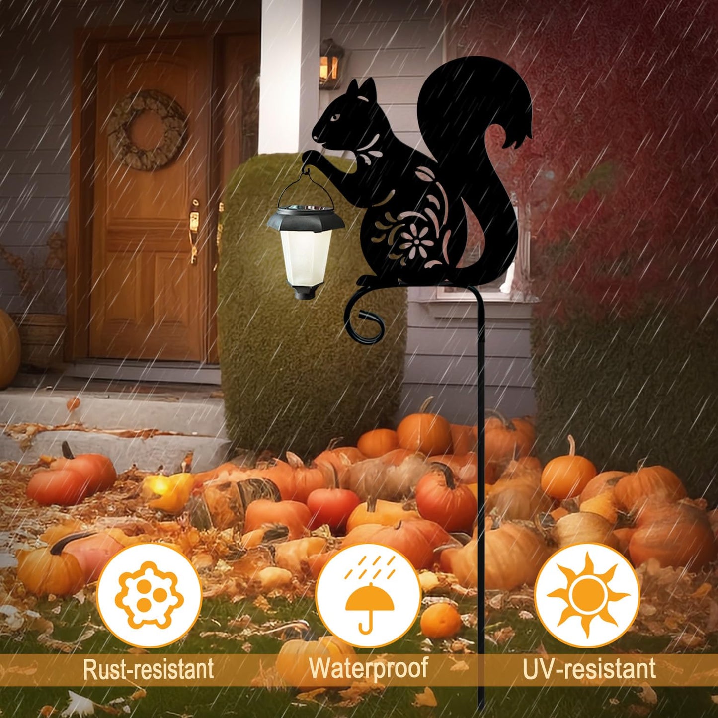Metal Squirrel Garden Stake,Hokfirm Solar Lights Outdoor Solar-Powered with Lantern-Outdoor Waterproof Pathway and Garden Decorations (Black Squirrel)