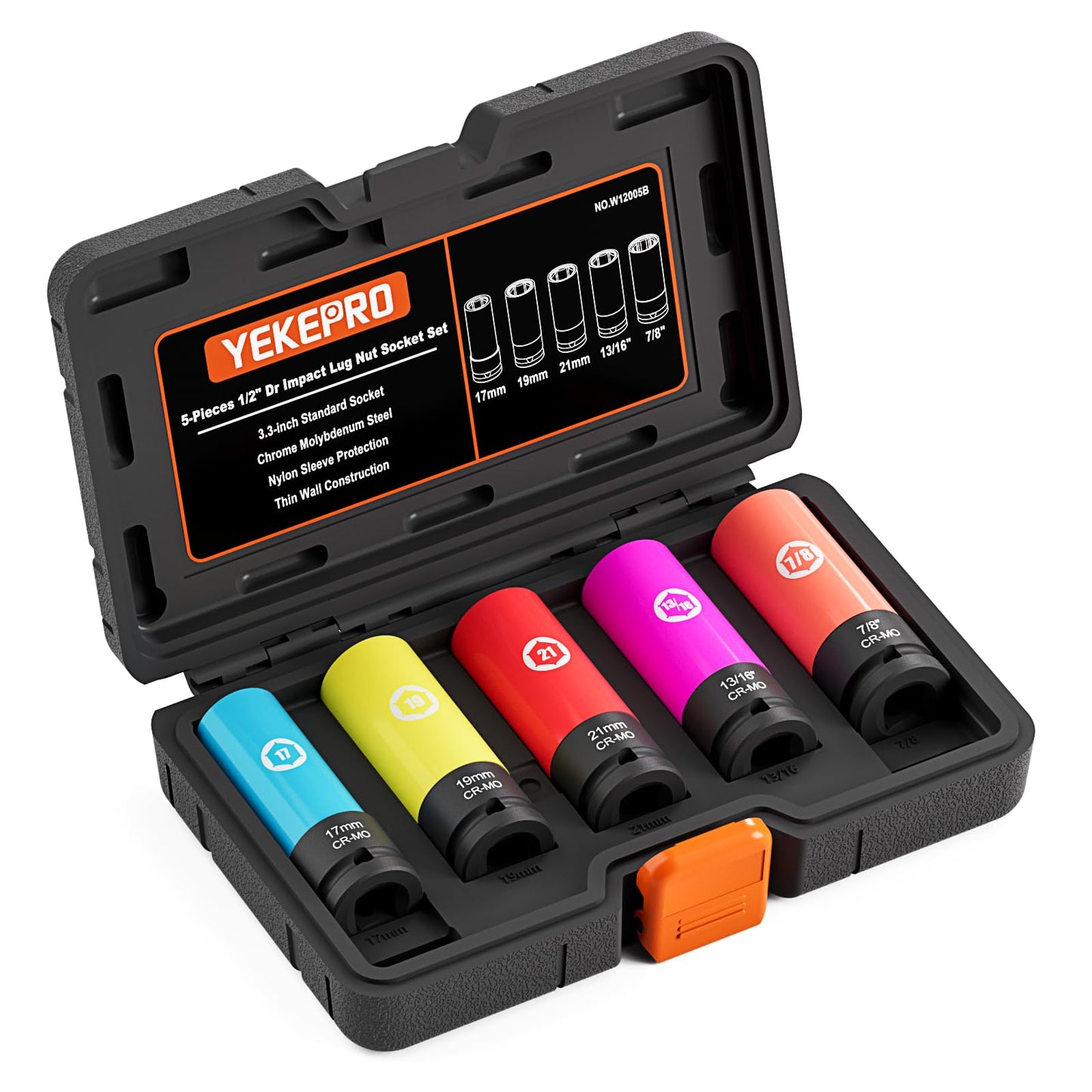 YEKEPRO 5 Pieces 1/2 inch Drive Impact Lug Nut Socket, Metric/SAE 17mm 19mm 21mm 13/16’’ 7/8’’ Thin Wall Deep Socket Set with Non-Marring Wheel Protectors