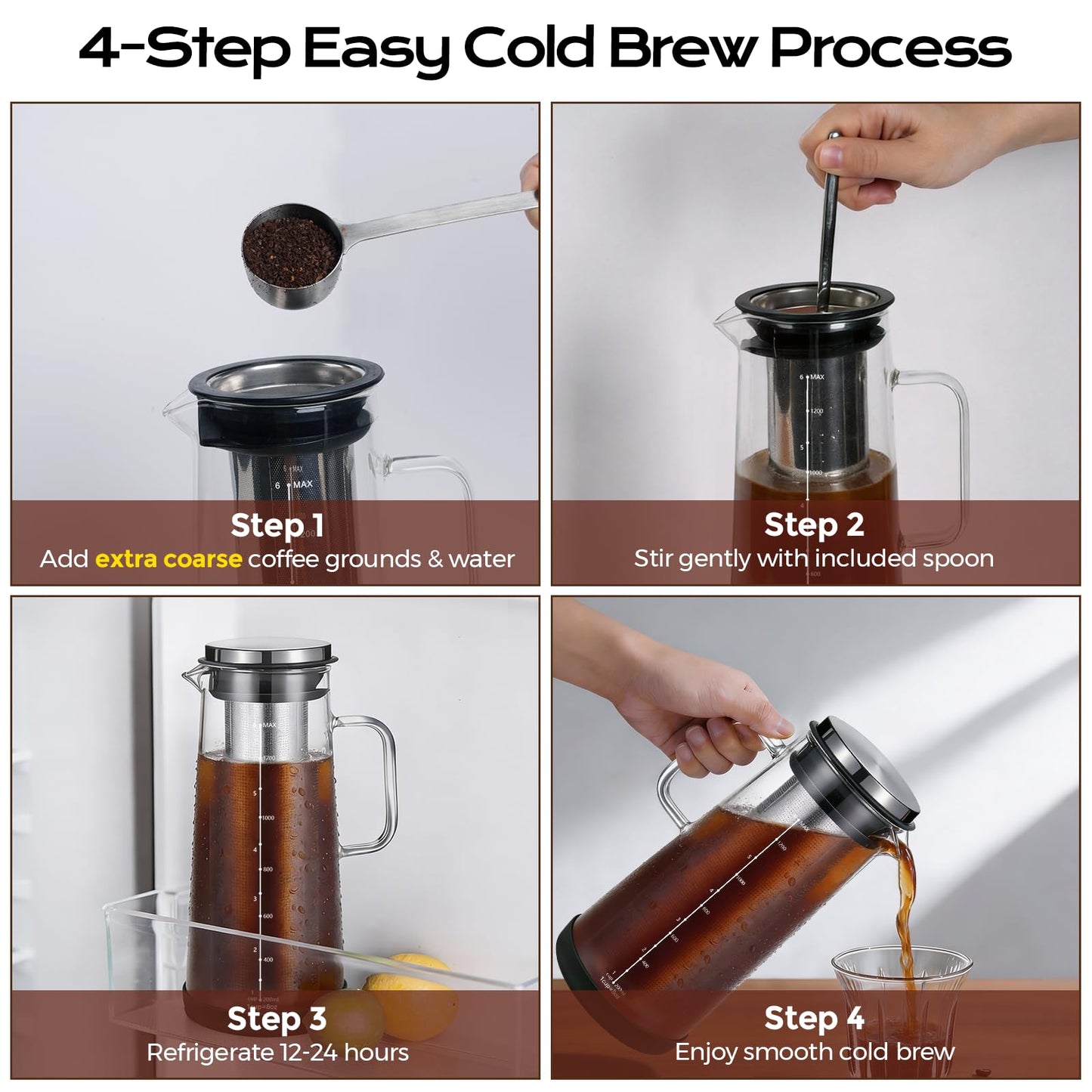 CARROTTIMES Cold Brew Coffee Maker 1.4L/48oz with Handle, Extended Stainless Steel Filter for Deep Extraction, Iced Tea Pitcher with Non-Slip Base Includes Cleaning Brush & Long Stirring Spoon