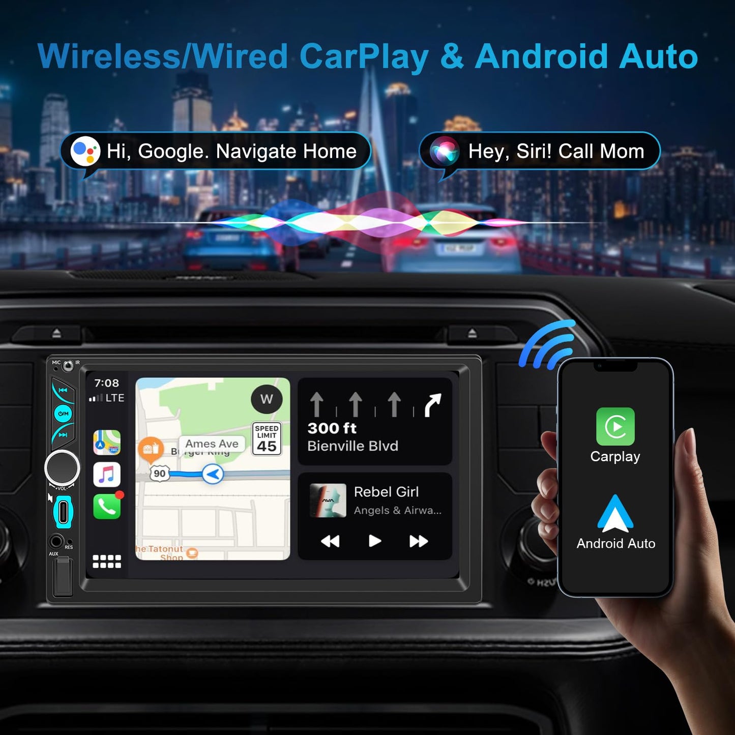 7" Wireless Double Din Car Stereo Carplay Radio Screen for Car Audio Receivers, Car Stereo with Backup Camera, Car Play Android Auto Touchscreen, Mirror Link, Bluetooth, SWC, AM/FM, Type-C