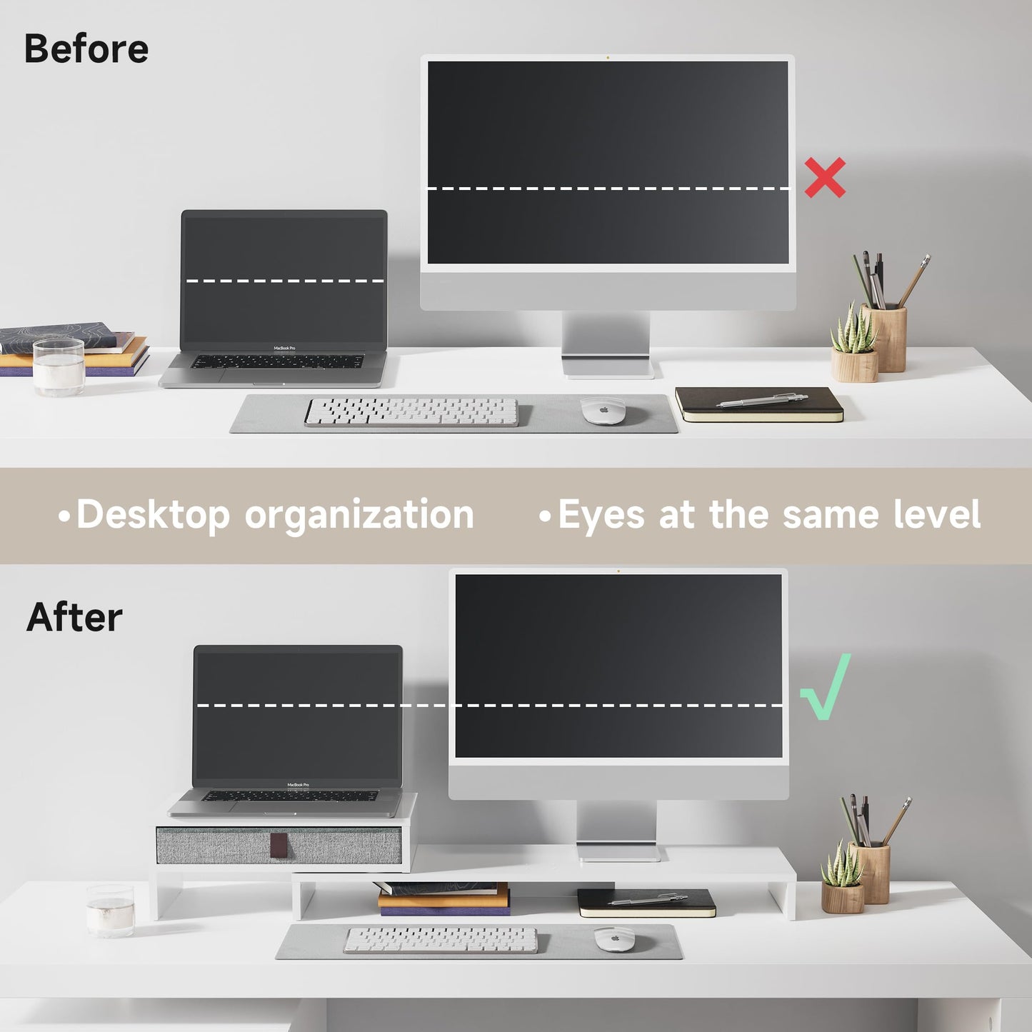 FENGE Dual Monitor Stand with Drawer Computer Monitor Stand Riser Adjustable Length and Angle, Wood Monitor Stands for 2 Monitors, Laptop PC, Computer, Printer, Office Desk Organizer White