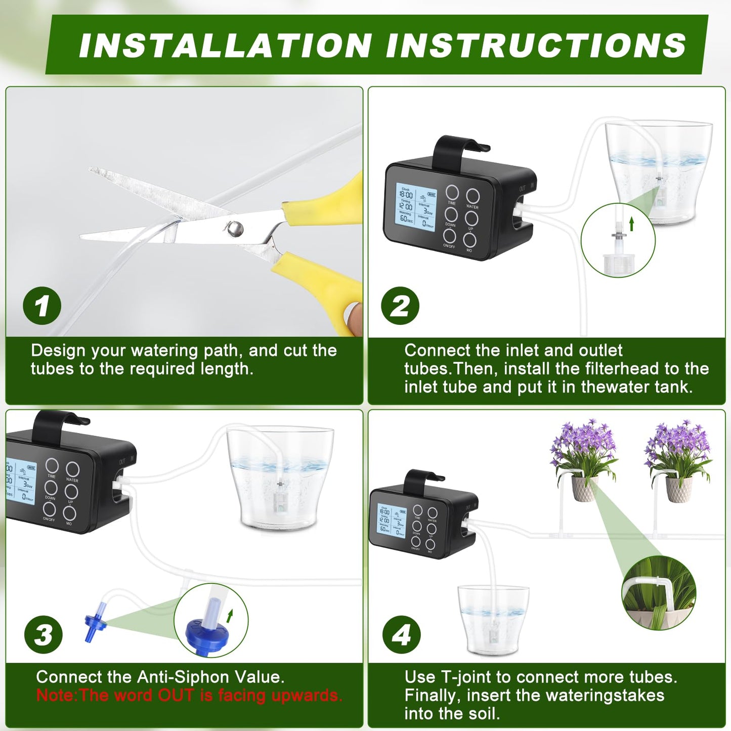 Automatic Plant Watering System for 15 Pots, [Upgraded] Tipkook Programmable Indoor/Outdoor Drip Irrigation System with LCD Touchscreen,1-300s Watering Timer, Vacation Garden Watering System