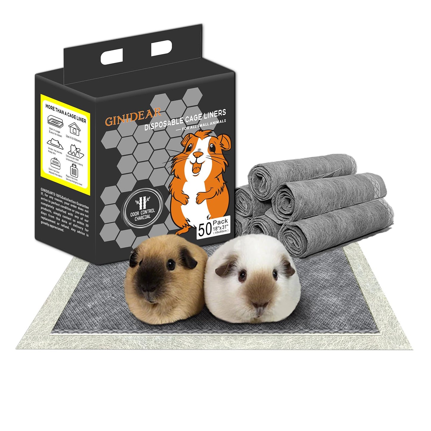 GINIDEAR Guinea Pig Bedding, Disposable Guinea Pig Cage Liners, Charcoal Odor Controlling Absorbent Waterproof Pee Pads for Rabbits, Hamster and Other Small Animals. 18''x31'',50 Count