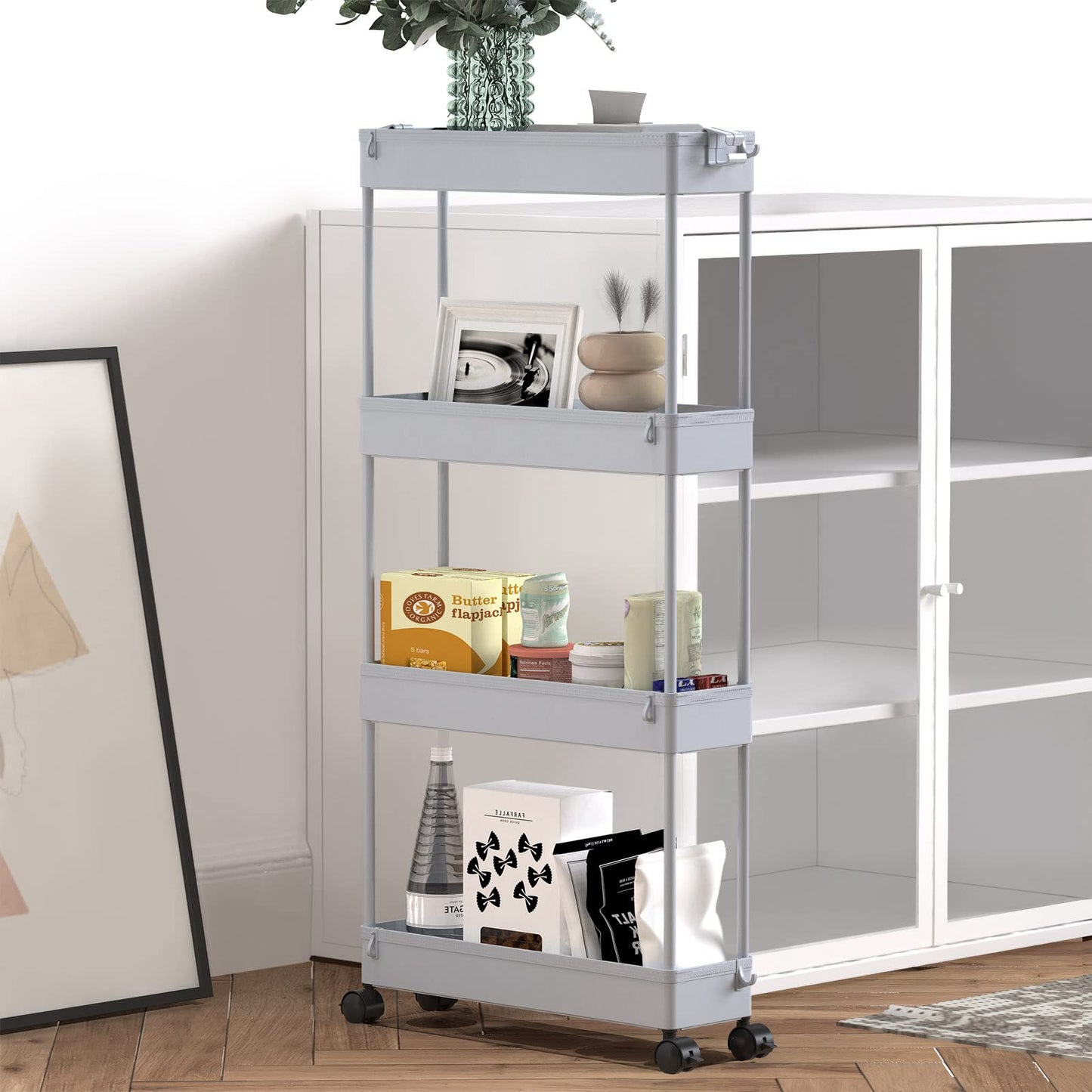 SPACELEAD Slim Storage Cart 4 Tier,Bathroom Organizer Rolling Utility Cart, Mobile Shelving Unit Slide Out Storage Cart for Office, Bathroom, Kitchen, Laundry Room & Narrow Places， Gray