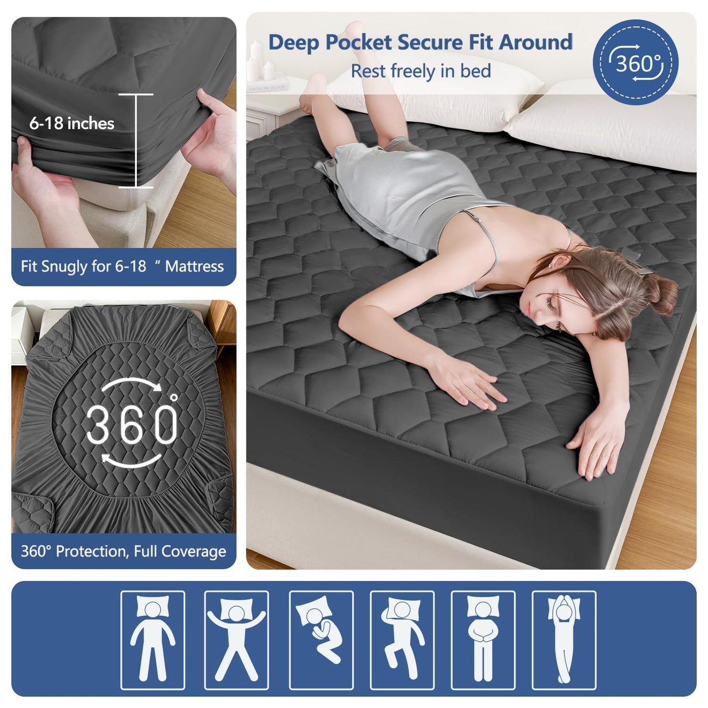 King Size Mattress Protector Waterproof Washable Mattress Padded Cover Fitted Bed Protection Noiseless Plastic Bed Pad Deep Pocket Up to 18“ Soft and Breathable（Gray）