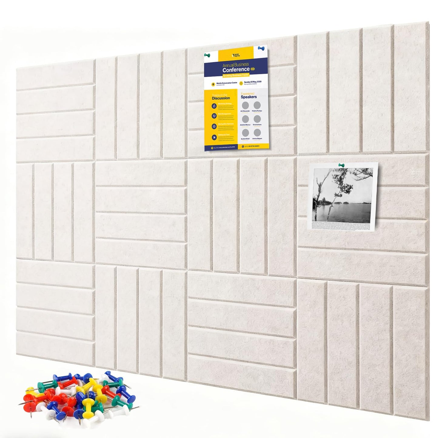 Large Cork Board for Walls, 12 Packs Beige Felt Wall Tiles with 35 Pushpins, 48" X 36" Large Bulletin Board, Removable Cork Board Alternative for Home School (Beige, Square Striped-12pcs)