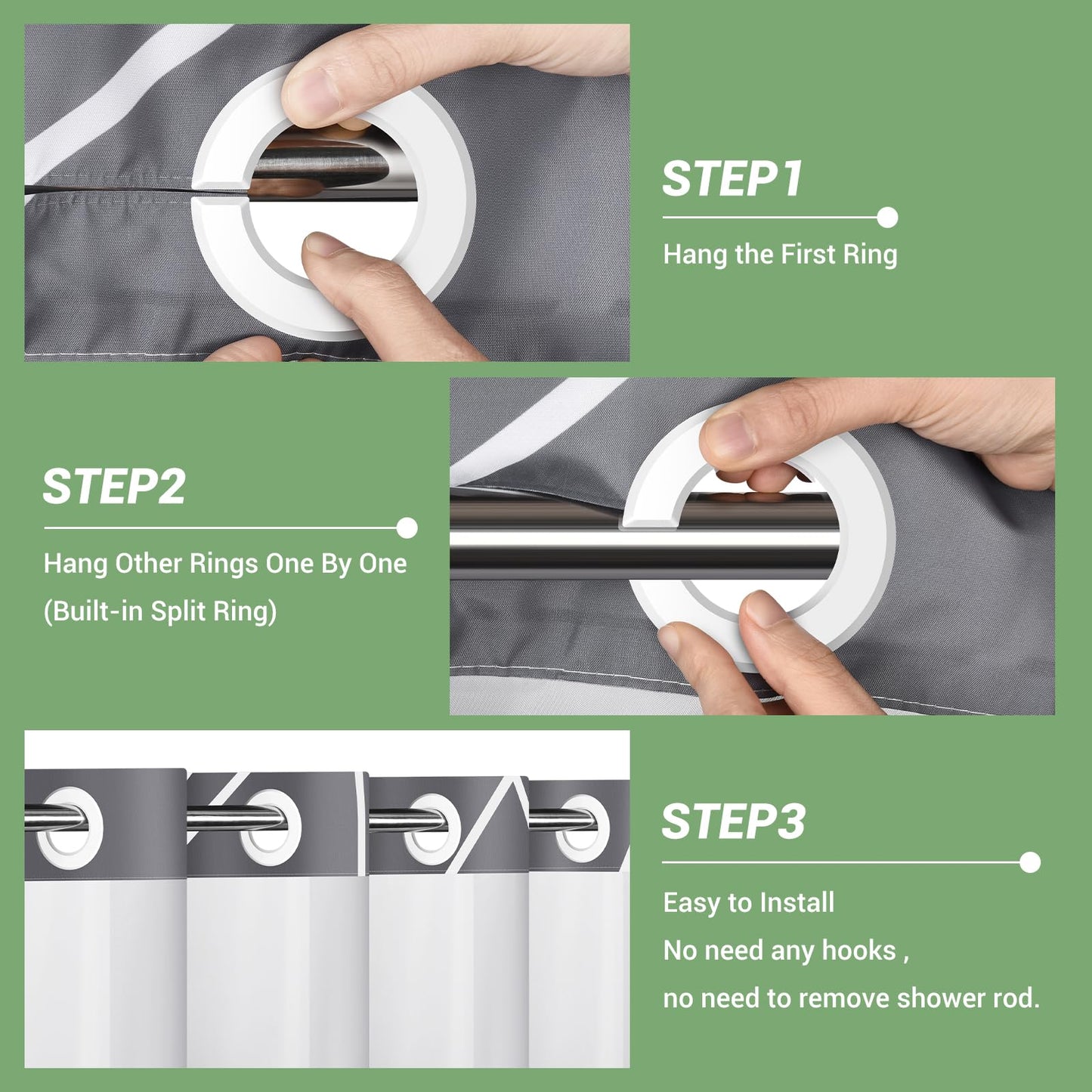 ECUCM Shower Curtain with Snap in Liner for Bathroom Bathtubs, Removable Shower Curtain Liner with 2 Magnets, Polyester Waterproof Soft Liner with See Through Mesh Top Window, (Grey, 71" W X 74" H)