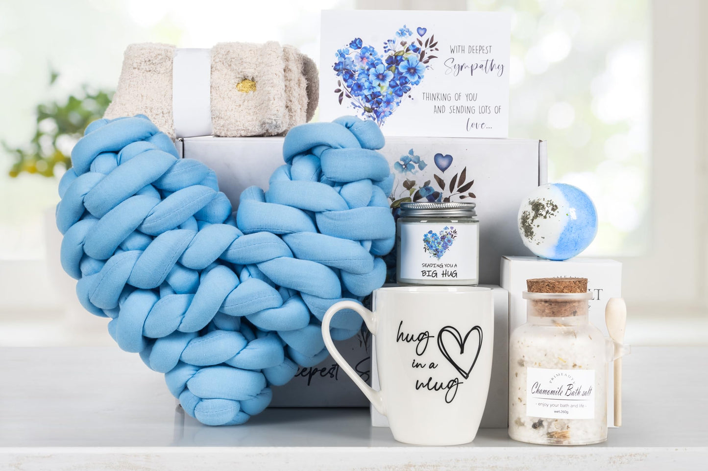 Grief Sympathy Gift Baskets Sorry for Your Loss Thinking of You Box Bereavement Care Packaging for Women Men Friend in Memory of a Loved One (Blue Pillow)
