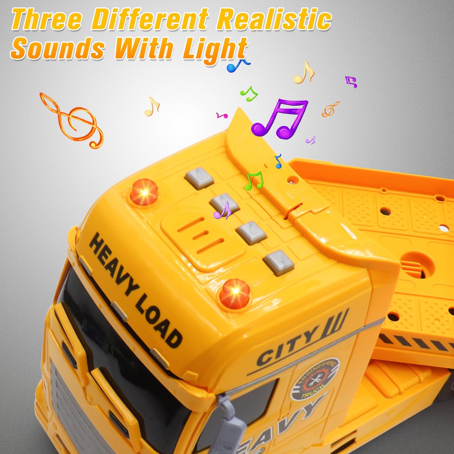 Yiwsnust Large Flatbed Semi Truck Toy for Kids, 25.6'' Construction Carrier Semi Truck with Excavator and Dump Trucks, Friction Powered Construction Transport Truck Kids Toy with Light & Sound