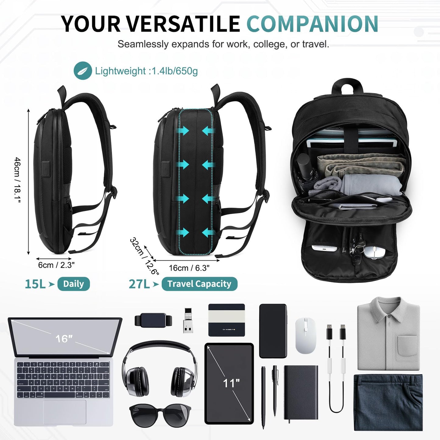 SUIKIHUM 15.6 Inch Laptop Backpack, Expandable with USB Port, Water-Resistant for Work, College and Travel, Black