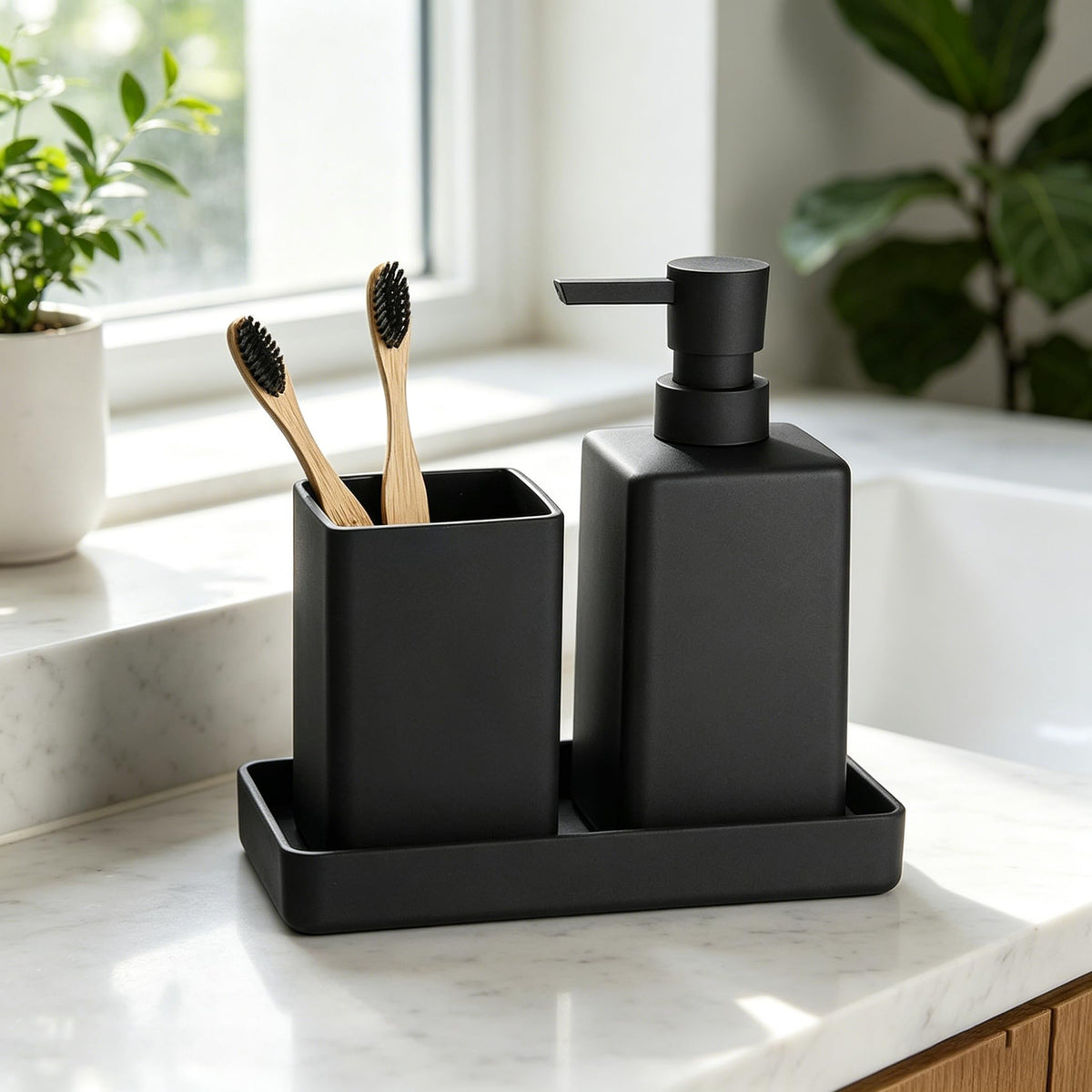 GAHEFY 5-Piece Bathroom Accessory Set with Stainless Steel 5L Soft-Close Trash Can, Toilet Brush with Holder, Soap Dispenser, Toothbrush Holder & Tray, Matte Black Bathroom Organizer