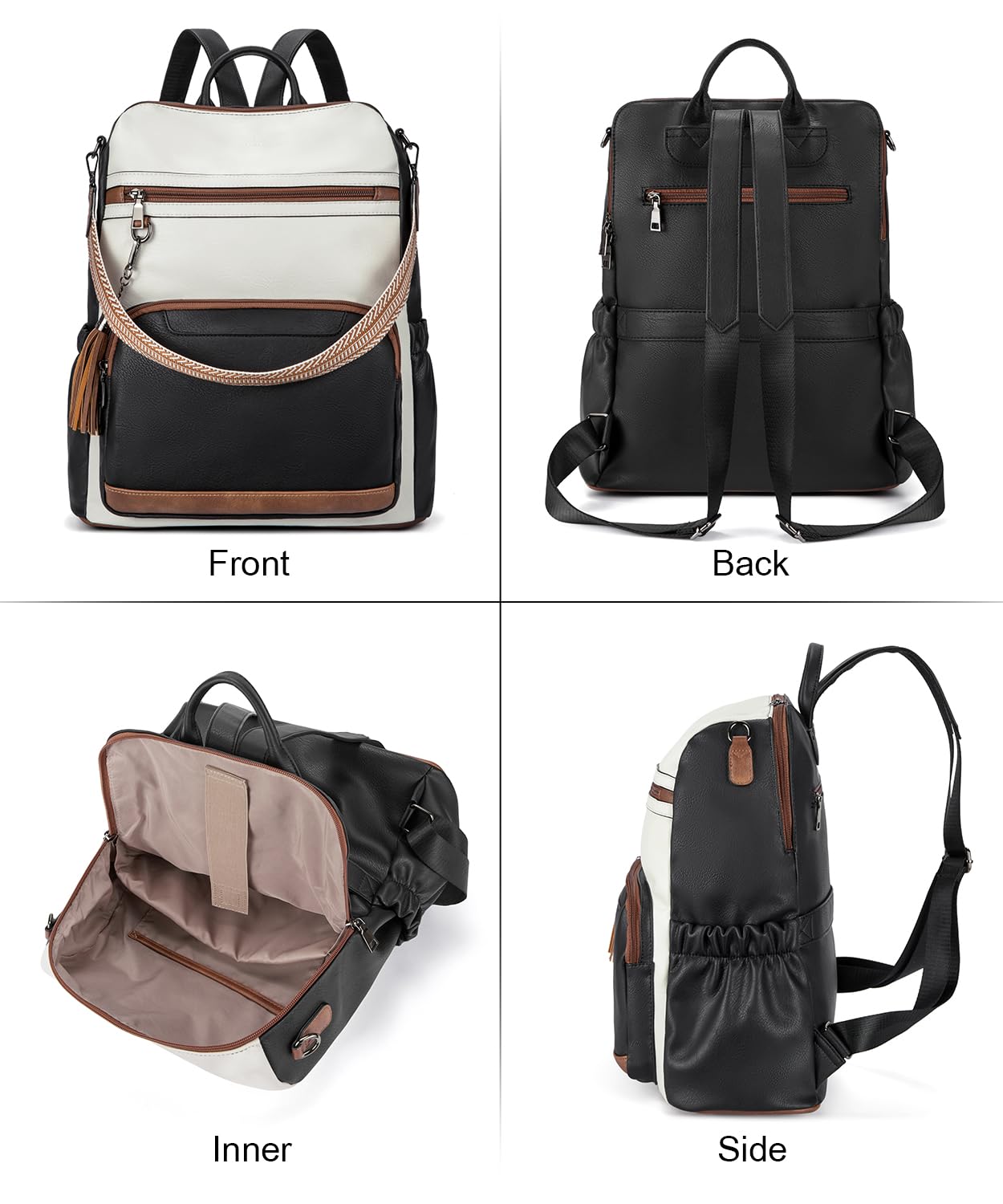 BOSTANTEN Leather Laptop Backpack for Women Designer Travel Backpack with Laptop Compartment Ladies Computer Shoulder Bags Black＆Beige＆Brown