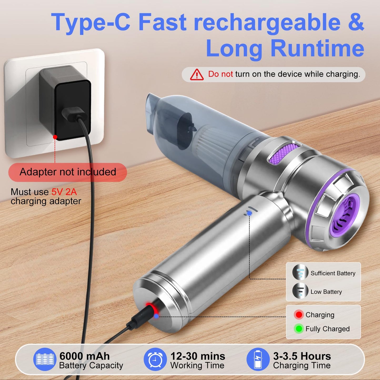 Handheld Car Vacuum Cleaner Cordless 22000Pa Powerful Cyclonic Suction Blowing Brushless Motor Portable Rechargeable Hand-held Air Duster/Blower/Pump for Vehicles Home Carpet Pet Hair Removal (Purple)
