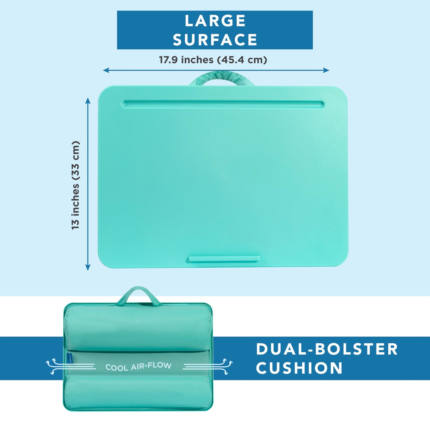 LAPGEAR Original Lap Desk – Large (17.9” x 13”) | Fits Up to 17.3” Laptops | Cushioned with Device Ledge, Pencil Tray & Handle | Portable & Lightweight | Aqua Sky – Style No. 45159