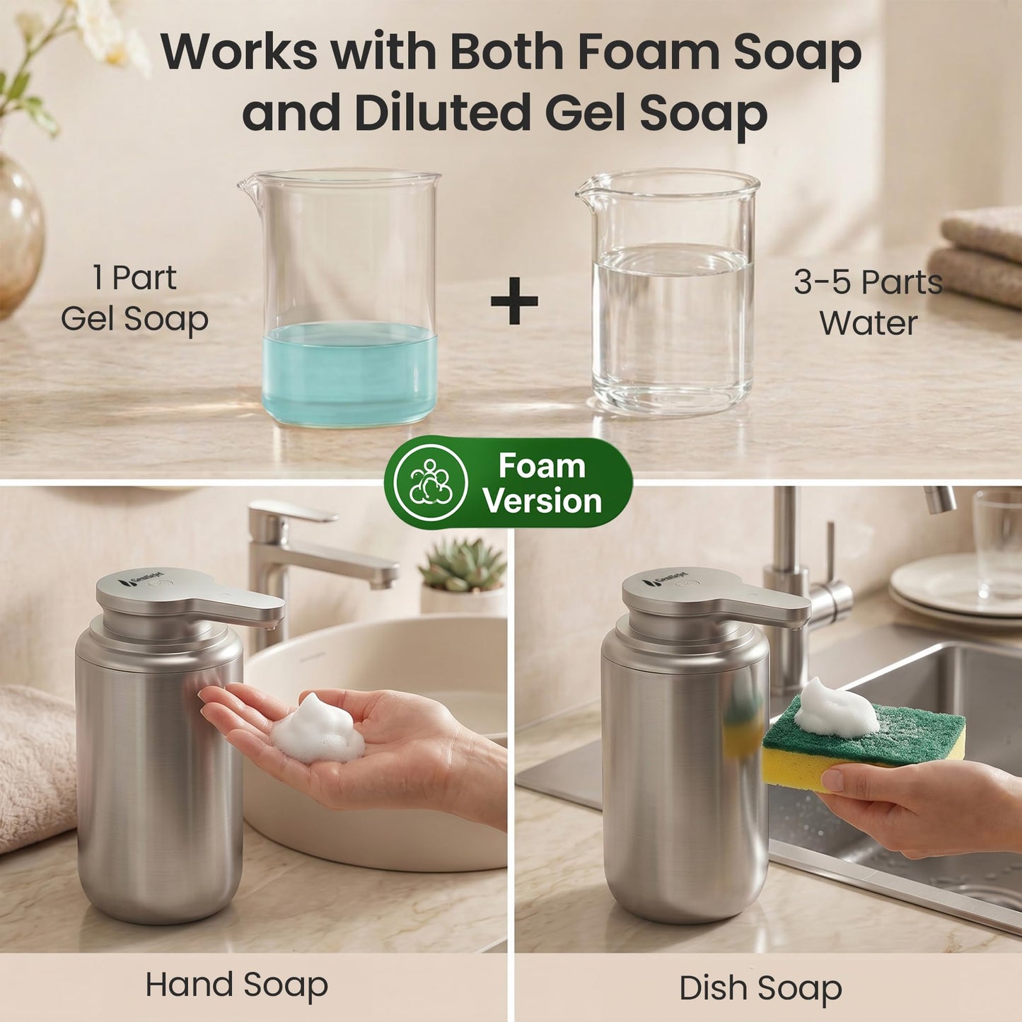 GentleJet WaveJet Automatic Foaming Soap Dispenser Touchless Sensor, USB-C Rechargeable, 304 Stainless Steel, IPX5 Waterproof for Bathroom Kitchen Sink, 12 oz / 350 ml