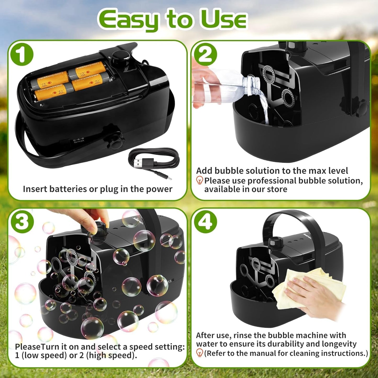 Bubble Machine Durable Automatic Bubble Blower, 18000+ Bubbles Per Minute Bubbles for Kids Toddlers Bubble Maker Operated by Plugin or Batteries Bubble Toys for Indoor Outdoor Birthday Party (Black)