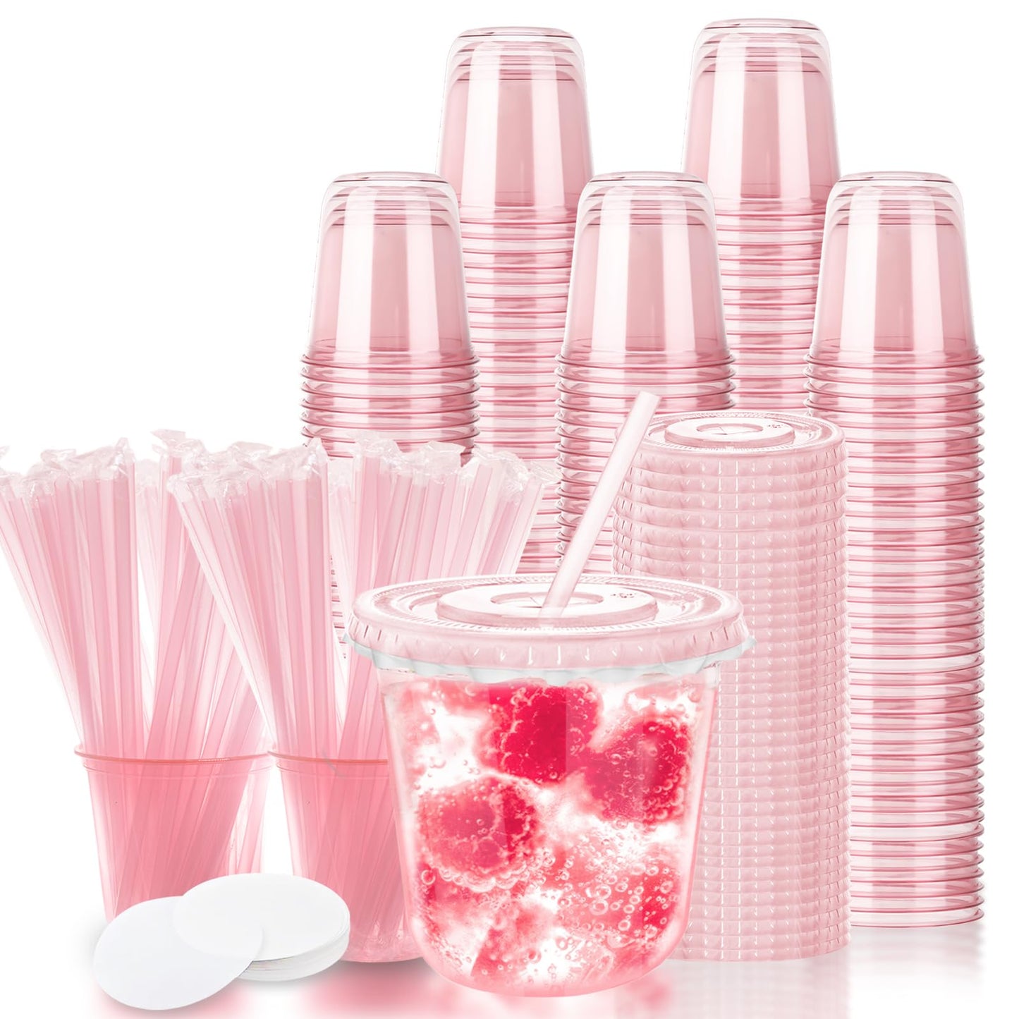 Xuelimei 12oz Disposable Stemless Glasses with Flat Lids and Straws,PET Disposable Drinking Cups,Clear Plastic Wine Glasses for Parties Birthday,Wedding,Meeting,Christmas Party Supplies. (100, Pink)