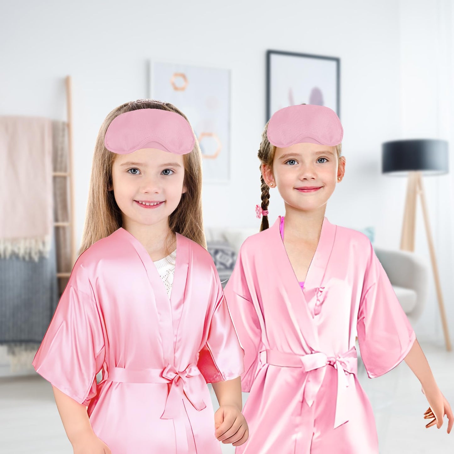 18 Pcs Spa Party Supplies for Girls 6 Satin Kimono Robe 6 Sleeping Eye Mask 6 Disposable Slippers for Flower Girl Kid Salon Pedicure Wedding Birthday Favors Washing Shower (Size 10, Pink)