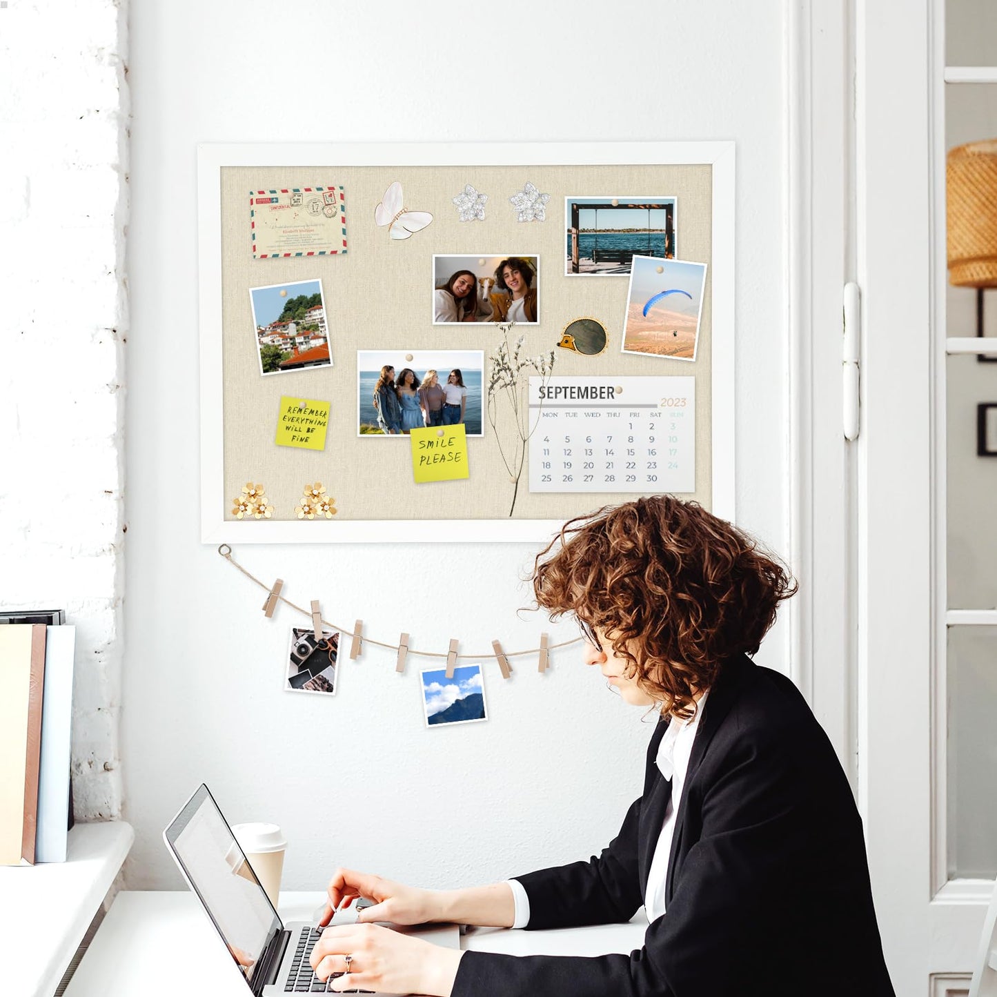 AMUSIGHT Double-Sided Large Cork Board with Linen, 24" x 18" Hanging Wood Framed Bulletin Board, Picture Display Vision Board Corkboards for Wall Room School Office Decor, 20 Pushpins,1pack