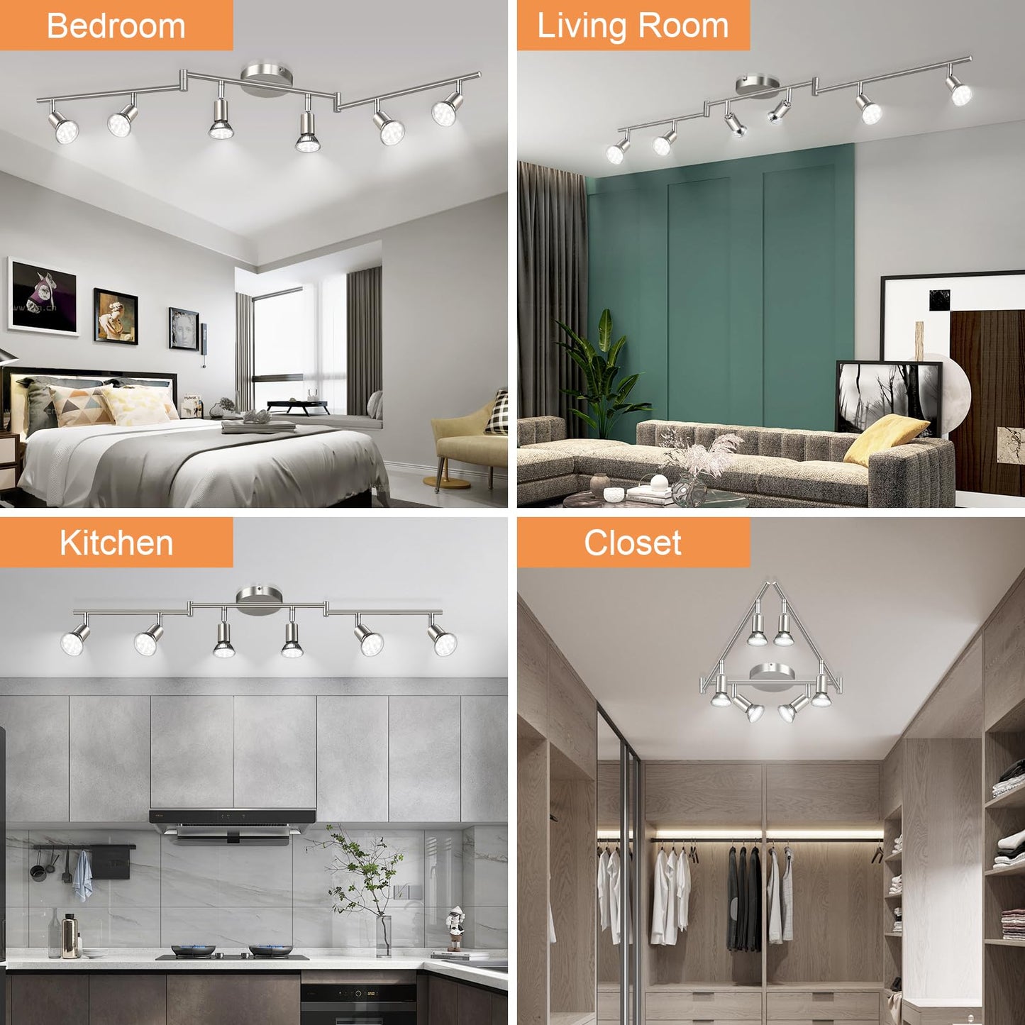 Unicozin 6 Light Track Lighting Kit, Matt Nickel LED Track Light with Flexibly Rotatable Light Head, Foldable Ceiling Spot Light Included LED GU10 Bulbs (4W, 400LM, Daylight White 5000K)
