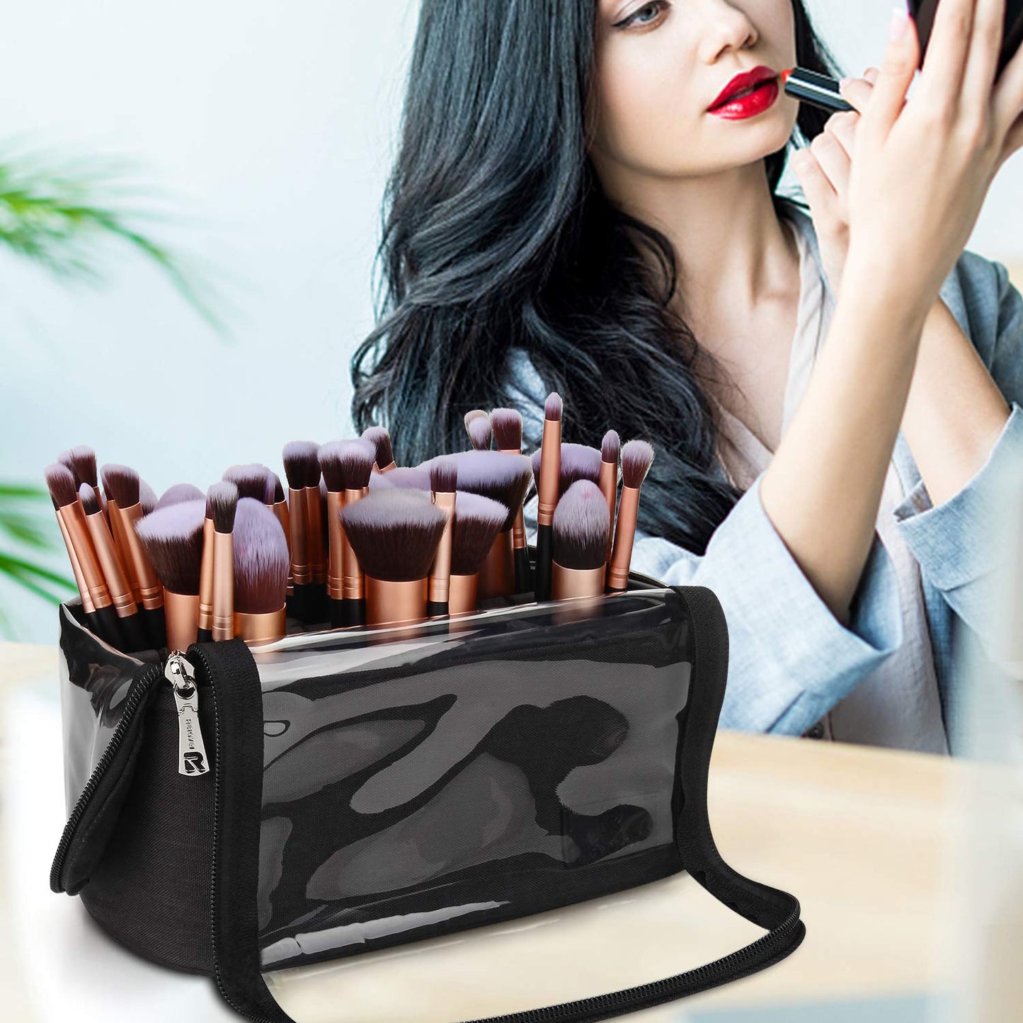 Relavel Travel Cosmetic Bag, Stand-up Makeup Brush Bag with Adjustable Divider, Professional Makeup Artist Storage Case, Large Capacity Train Case Organizer for Women and Girls, Black