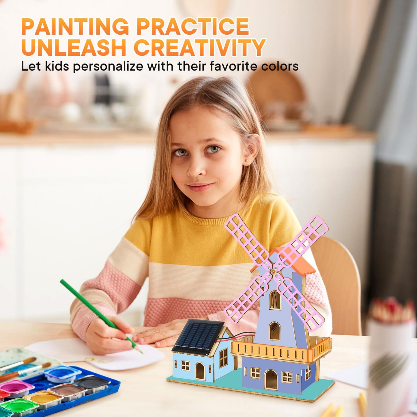 STEM Solar-Powered 3D Wooden Puzzle Kit - DIY Dutch Windmill House Building Toy | Educational Science Craft for Kids 8-15 & Adults | Hands-On Creative Model Project