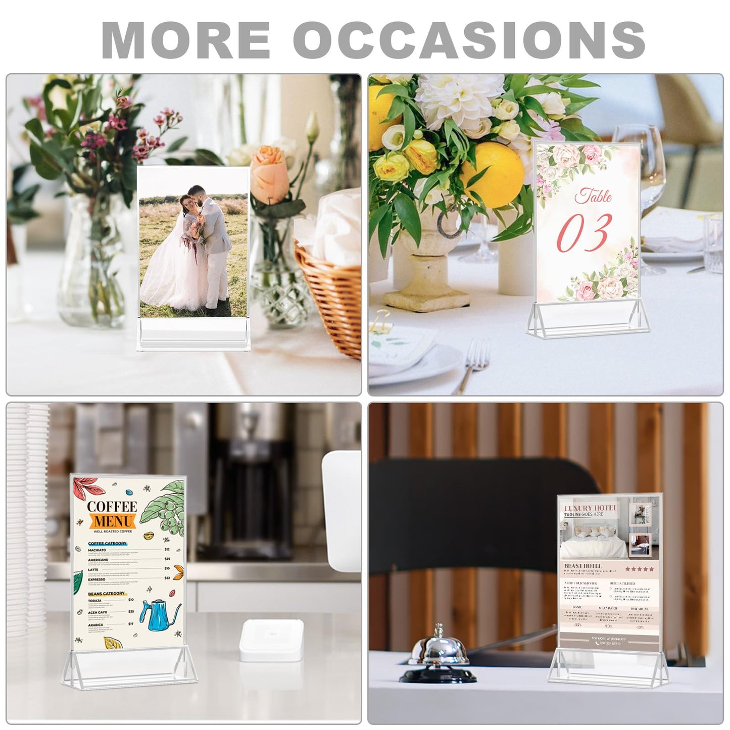 EHWINE 12 Pack Acrylic Sign Holder 5 x 7, Double Sided Silver Picture Frame Stand up Table Top Sign Holders, Clear Display Stand Menu Flyer Holder for Wedding Party (Provide Non-slip Mats)