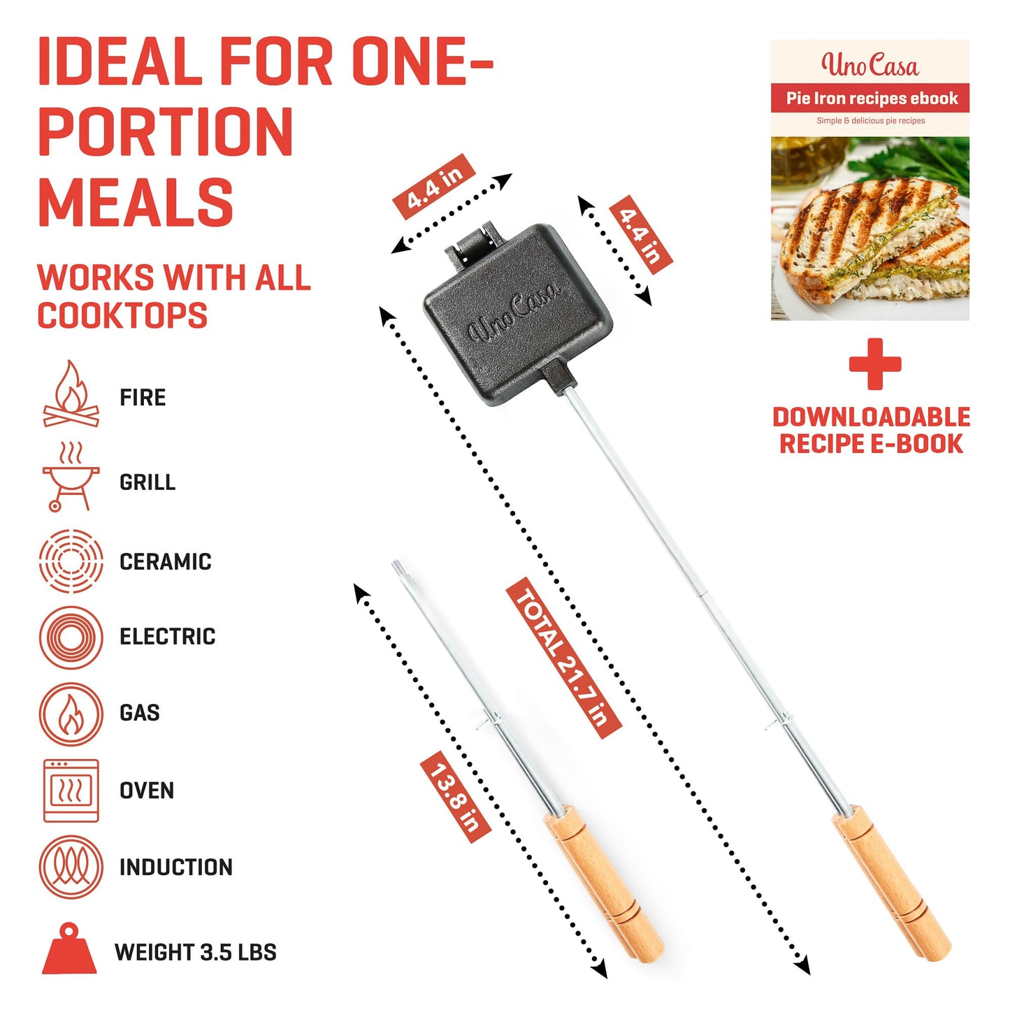 Uno Casa Small Double Pie Iron Sandwich Maker Set of 2, Japanese Sandwich Maker with Recipe Book, Campfire Cooking Equipment - Mountain Pie Maker Cast Iron