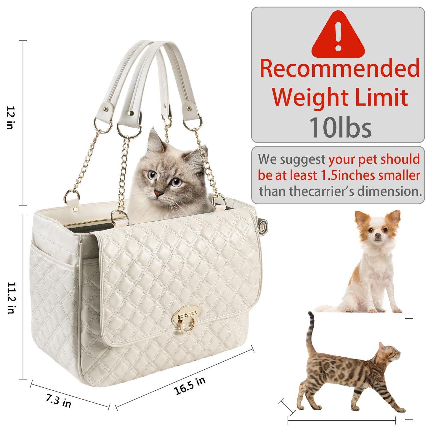 NewEle Fashion Dog Purse for Small Dogs with 2 Super-Large Pockets, Holds Up to 10lbs PU Leather Pet Carrier, Cat Carrier, Airline Approved Puppy Purse for Travel (White, Small Size)
