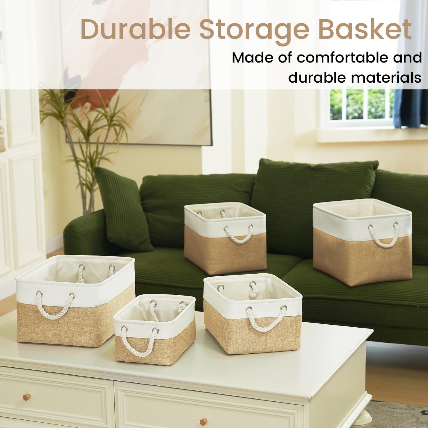 VQRTEXA Large Storage Baskets-Storage Bins for Shelves and Closet Organizing, Foldable Fabric Bin for Home Organization Clothes and Laundry (3-Pack, 15.7x11.8x8.26 Inch, White&Khaki)