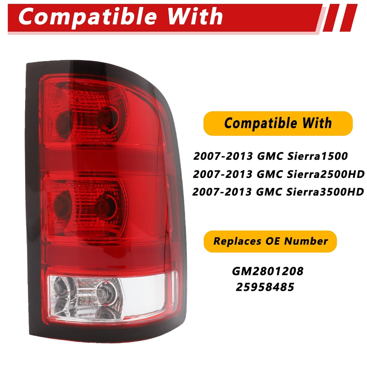 Right Tail Light Compatible With 2007-2013 GMC Sierra 1500 2500HD 3500HD Right Passenger Side Rear Brake Lamps With Bulbs and Harness Included Black Edge Replace# GM2800208,GM2801208