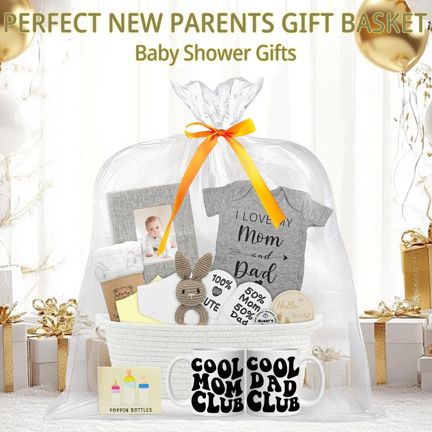 New Mom Gift,Newborn Gifts Basket for Gender Reveal & Baby Shower with First Time Mom and Dad to Be Mugs Set,Woven Gifts Basket for Expecting Parents to Be,New Parents Gifts for Couples