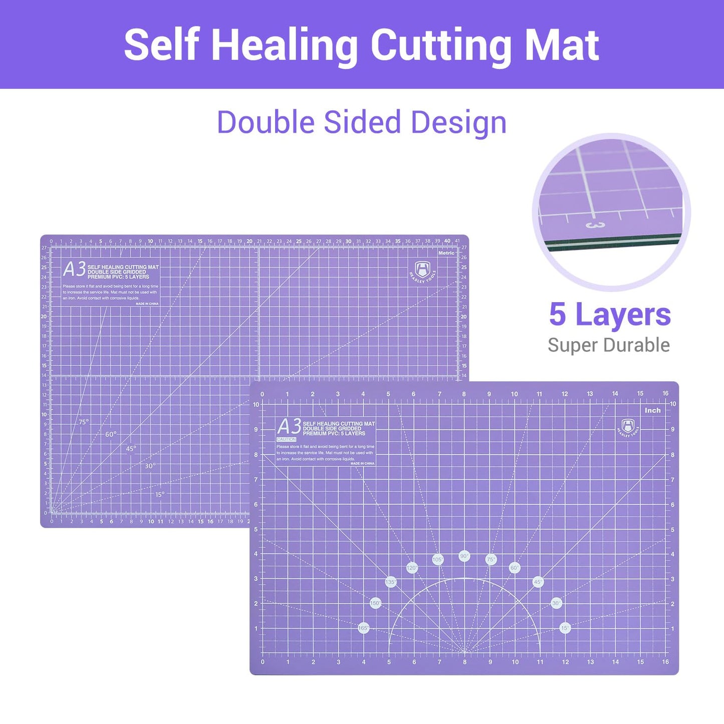 Headley Tools Rotary Cutter Set - 45mm Fabric Cutter, 5 Extra Rotary Blades, A3 Cutting Mat, Quilting Ruler and Sewing Clips, Craft Knife Set, Ideal for Crafting, Sewing, Patchworking, Purple
