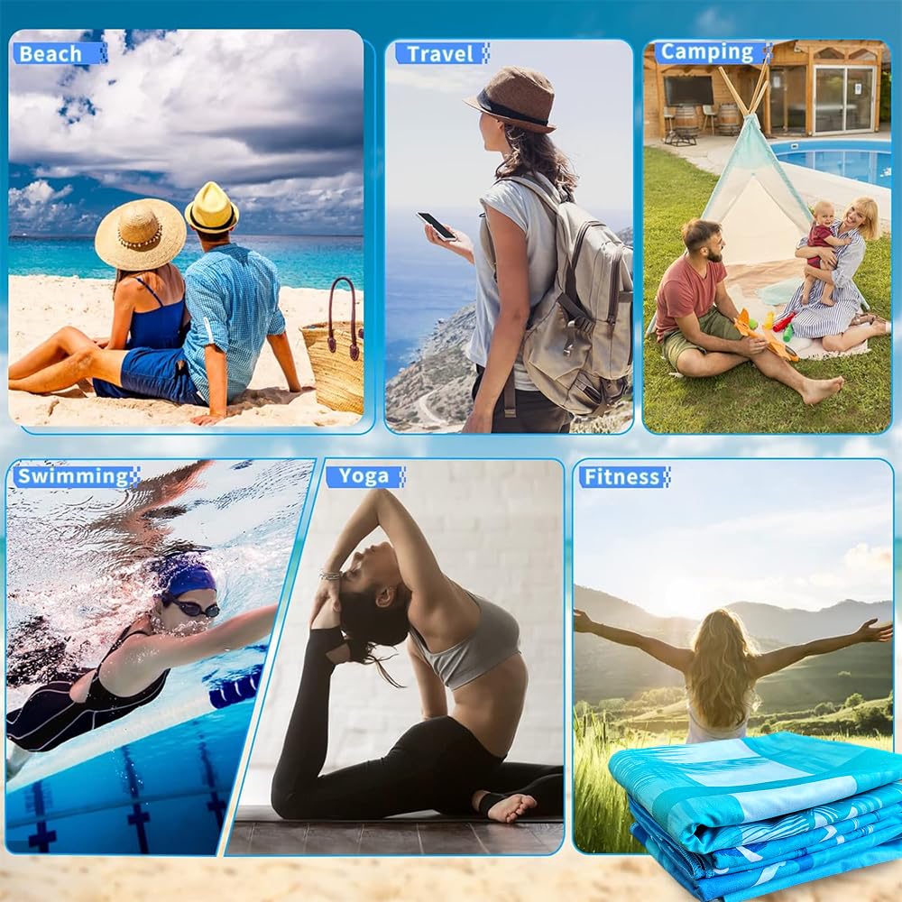 4 Pcs Microfibre Beach Towel 71"X32" Quick Dry Blue Lightweight Sand Free Extra Large Thin Towels Travel Essentials for Adults Womens Swim Bath Accessories Mats Holiday Must Haves Sea Turtle
