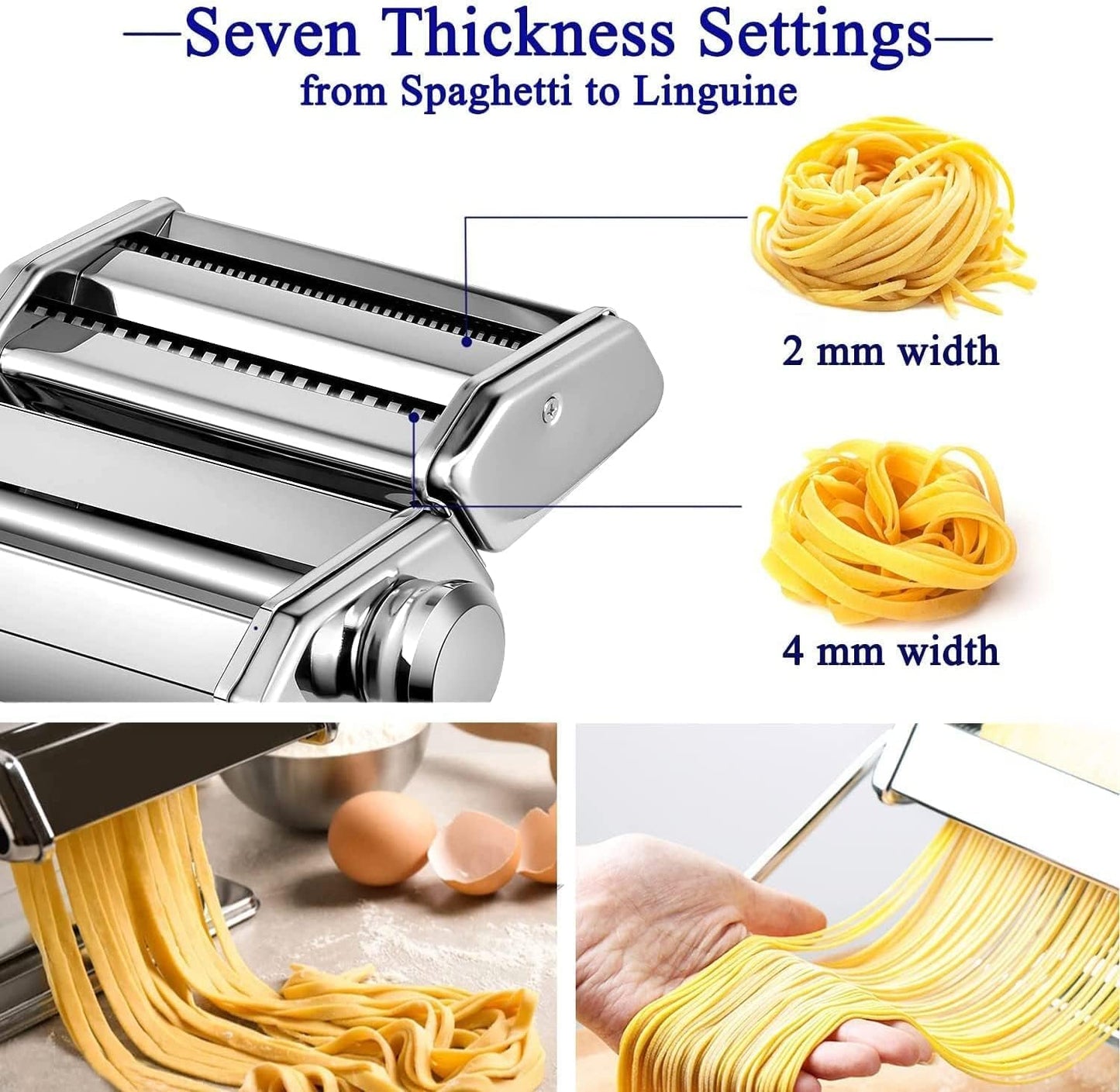 Pasta Maker, 150 Roller Pasta Machine, 7 Adjustable Thickness Settings Noodles Roller with 2-in-1 Noodles Maker with Rollers and Cutter, Perfect for Spaghetti,Fettuccini, Lasagna or Dumpling Skins