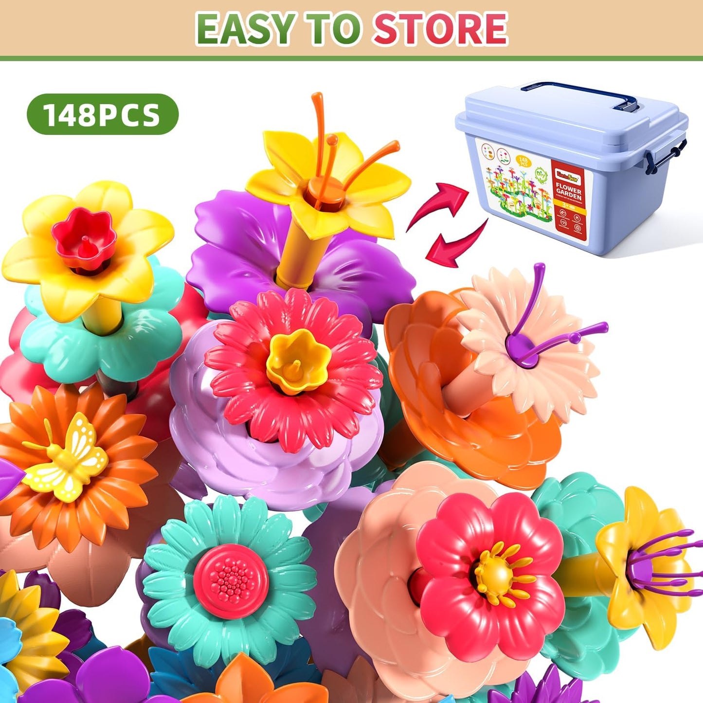 148PCS Flower Garden Building Toys for Girls, Educational Activity Preschool Birthday Gifts for 3 4 5 Year Old Girls, Toddler Building Stem Toys for Kids Toddlers Ages 3-5
