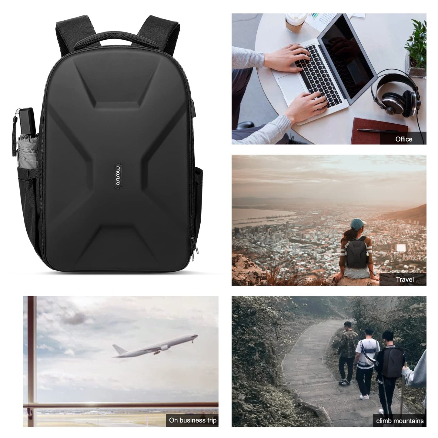 MOSISO 15.6-16 inch 35L Laptop Backpack with USB Charging Port for Women Men, Waterproof Hardshell Travel Business Computer Bag, Anti-Theft Daypack with Luggage Strap, Black
