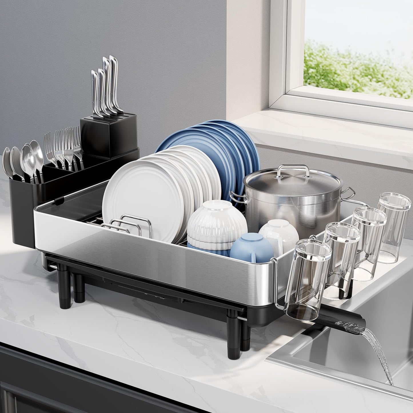Expandable Dish Rack with Drainboard - Stainless Steel Dish Drainer with Removable Cutlery Tray, Foldable Cup Holder, Elevated Feet, Multifunctional Drainboard for Sink Countertop Kitchen Storage