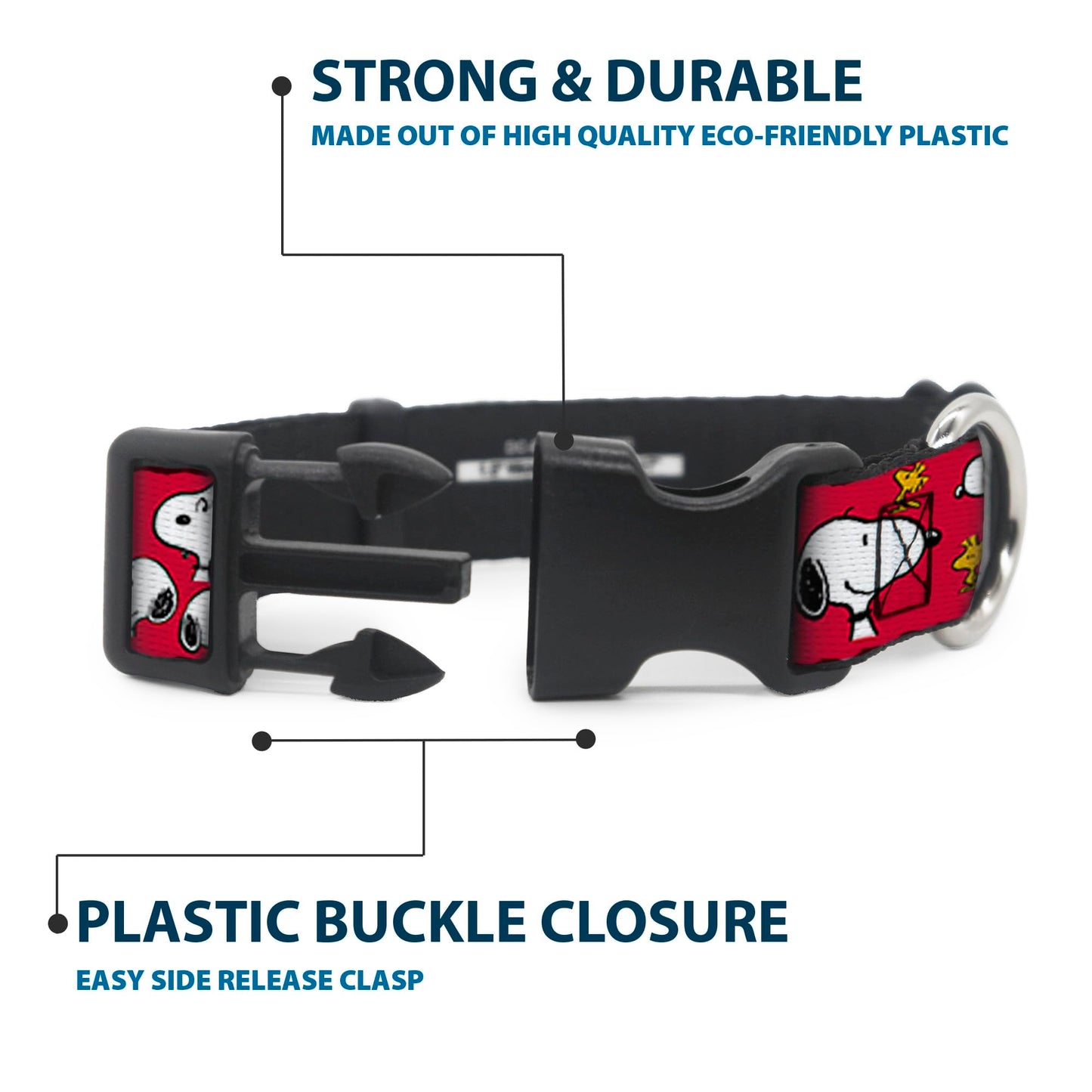 Peanuts Worldwide LLC Pet Collar, Dog Collar Plastic Buckle, Peanuts Snoopy and Woodstock Poses Scattered Red, 15 to 24 Inches 1.0 Inch Wide