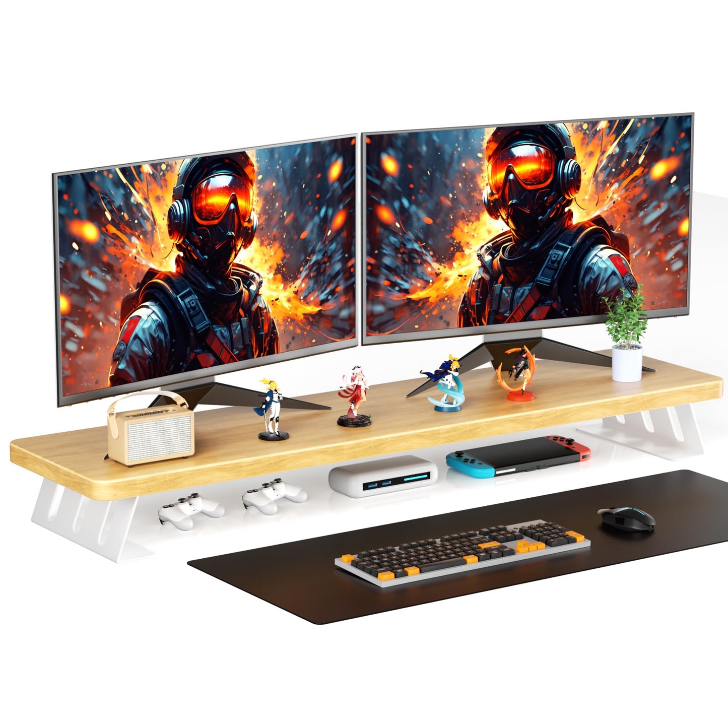 NestNeat Dual Monitor Stand, 39 Inch Large Wood Monitor Stands for 2 Monitors, Desktop Monitor Riser with Metal Support for Computer/Laptop/Printer/TV (Oak, 100cm)