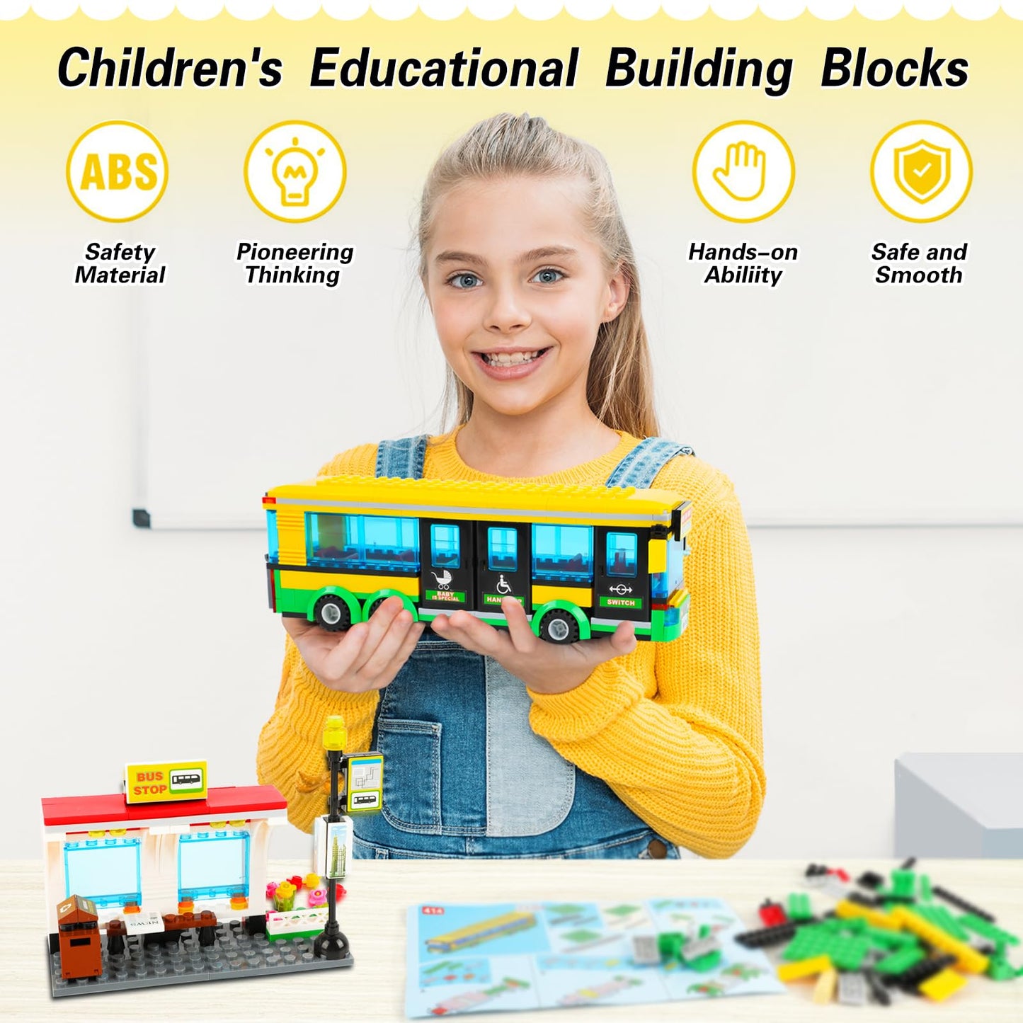 City Town Center Bus Station Building Kit, Bus Station Building Blocks Toy for Kids, with Bus & Bus Station, Best Learning Roleplay STEM Block Play Toys Gift for Boys Girls Aged 6-12 (386Pcs)