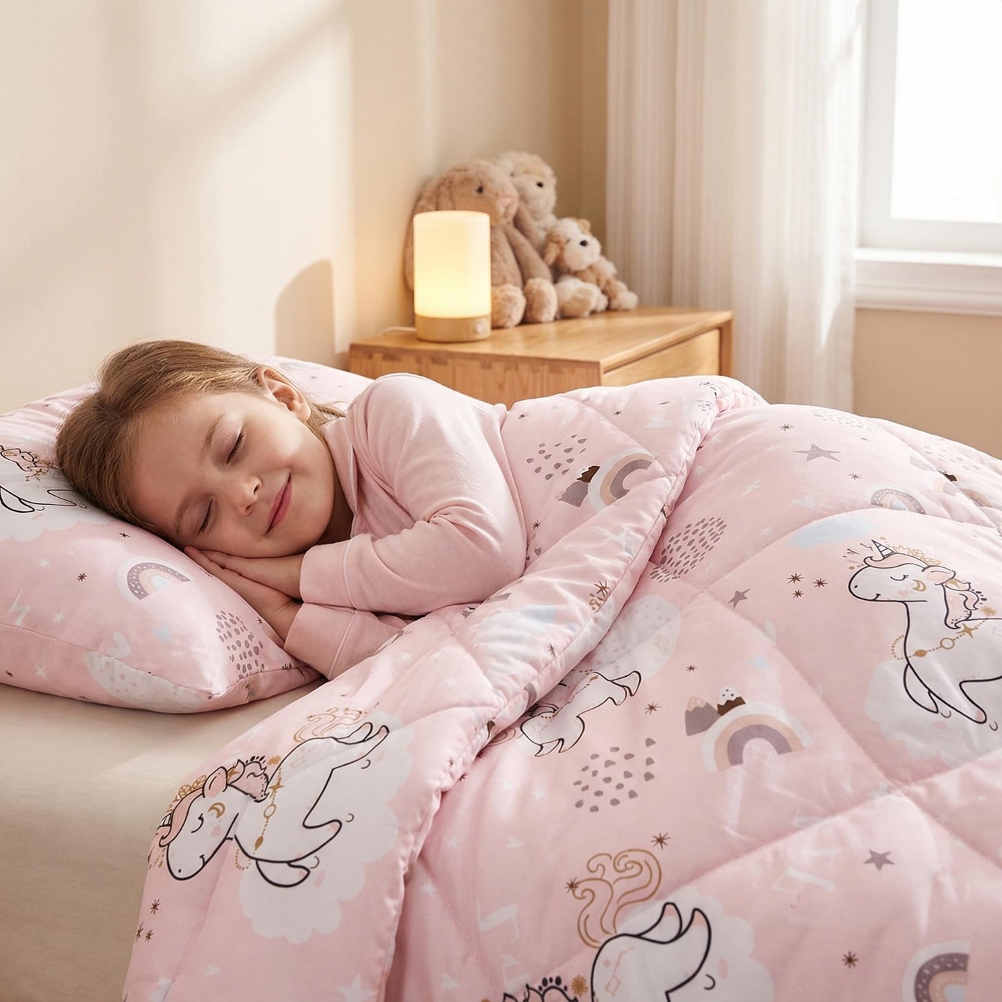 JSD Pink Unicorn Kids Comforter Set for Girls, 2 Pieces Twin Microfiber Comforter with Pillow Sham, Soft Comfortable Machine Washable