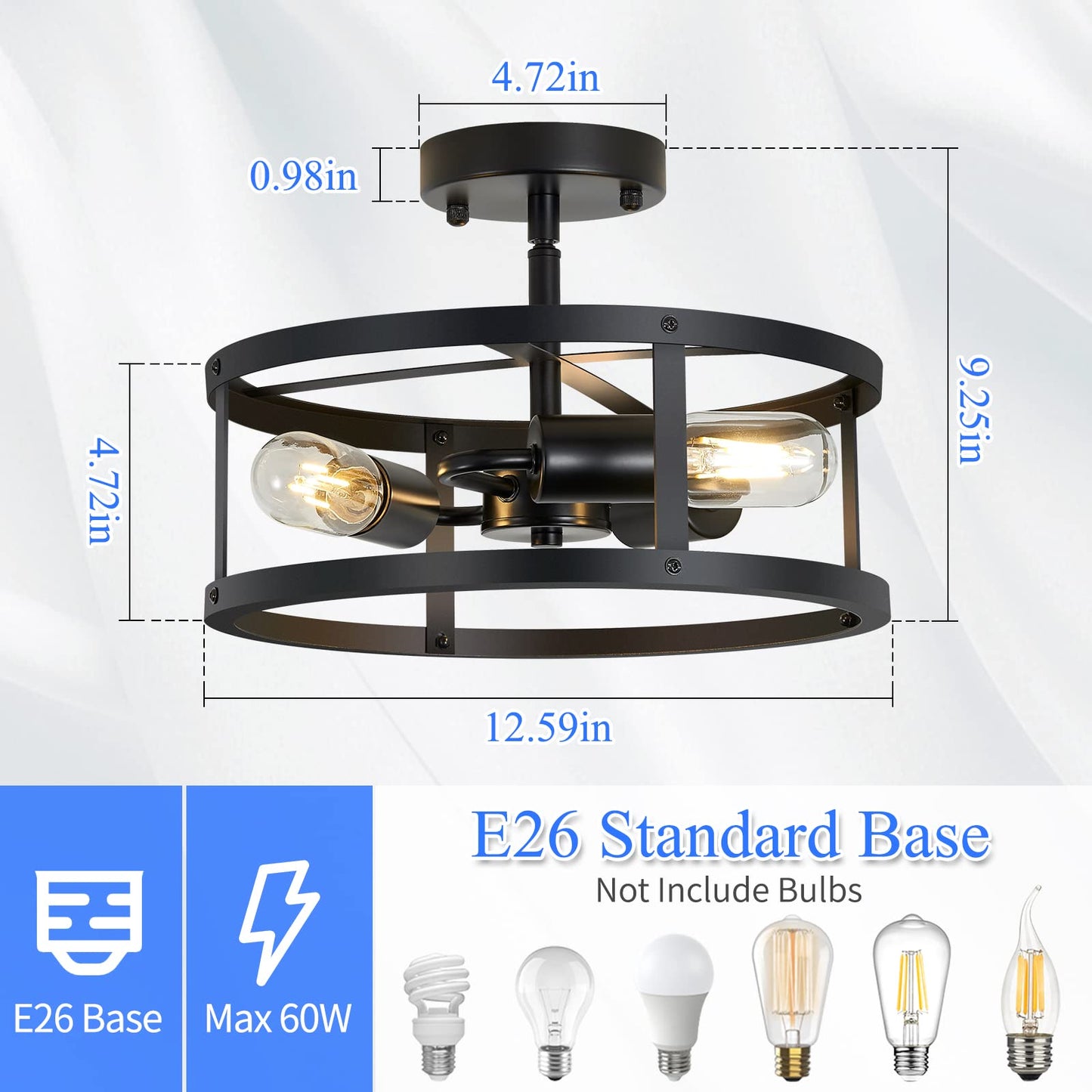 SKEJAO Semi Ceiling Light Fixture,3-Light Black Flush Mount Ceiling Light,13 Inch Hallway Light fixtures Ceiling,Light Fixtures Ceiling Mount for Farmhouse,Kitchen (2, 13.1 inch)