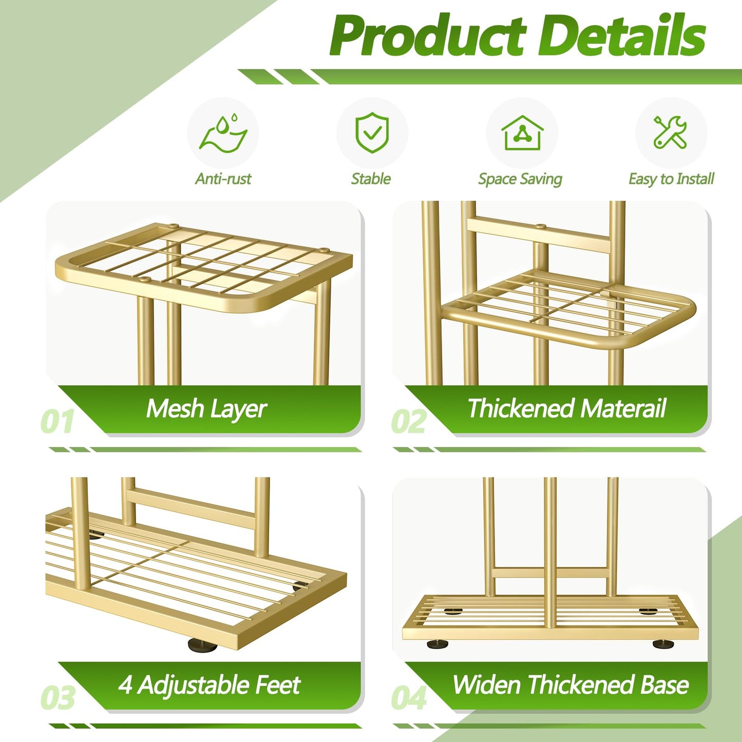 5 Tier 6 Potted Gold Plant Stand Indoor Outdoor, Upgraded Corner Metal Plant Rack Units Shelf for Multiple Plants, Flower Pot Holder Display for Patio, Balcony, Living Room