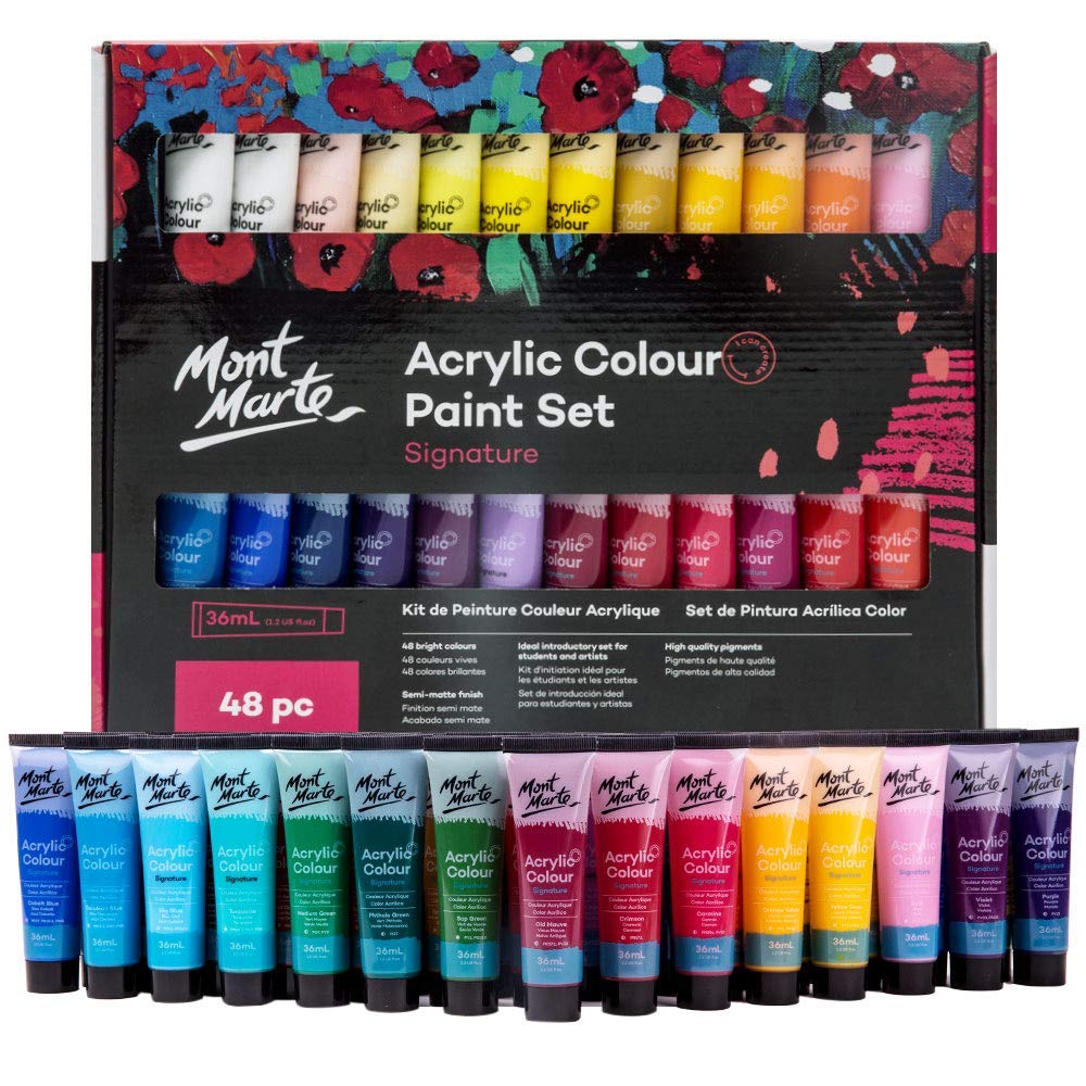 Mont Marte Signature Acrylic Paint Set, 48 x 36ml, Semi-Matte Finish, 48, Suitable for Canvas, Wood, MDF, Leather, Air-Dried Clay, Plaster, Cardboard, Paper and Crafts